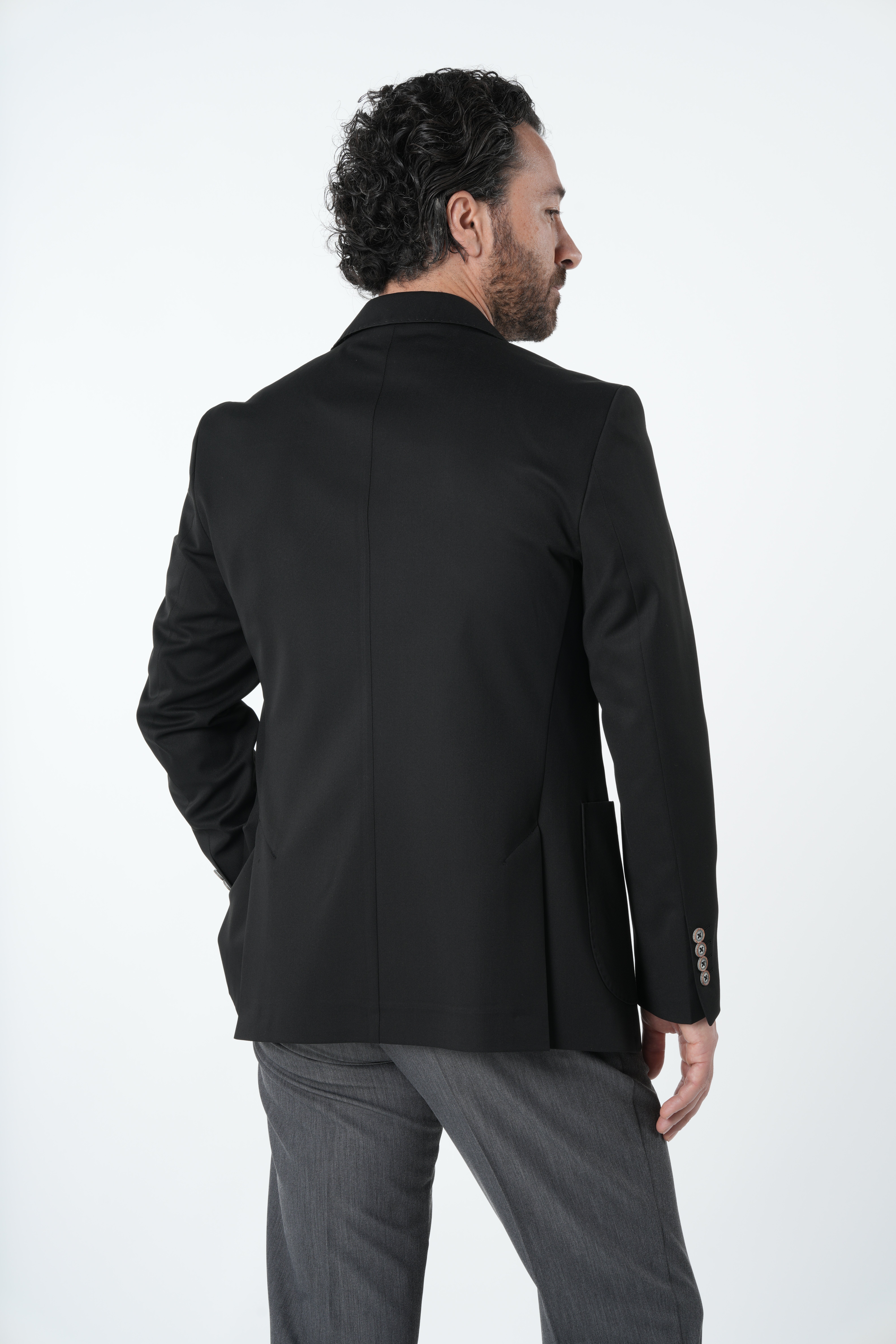Erkek Premium İtalyan Stil Slim Fit Erkek Punto Dikişli Torba Cepli Yarım Astarlı Kruvaze Ceket-Siyah