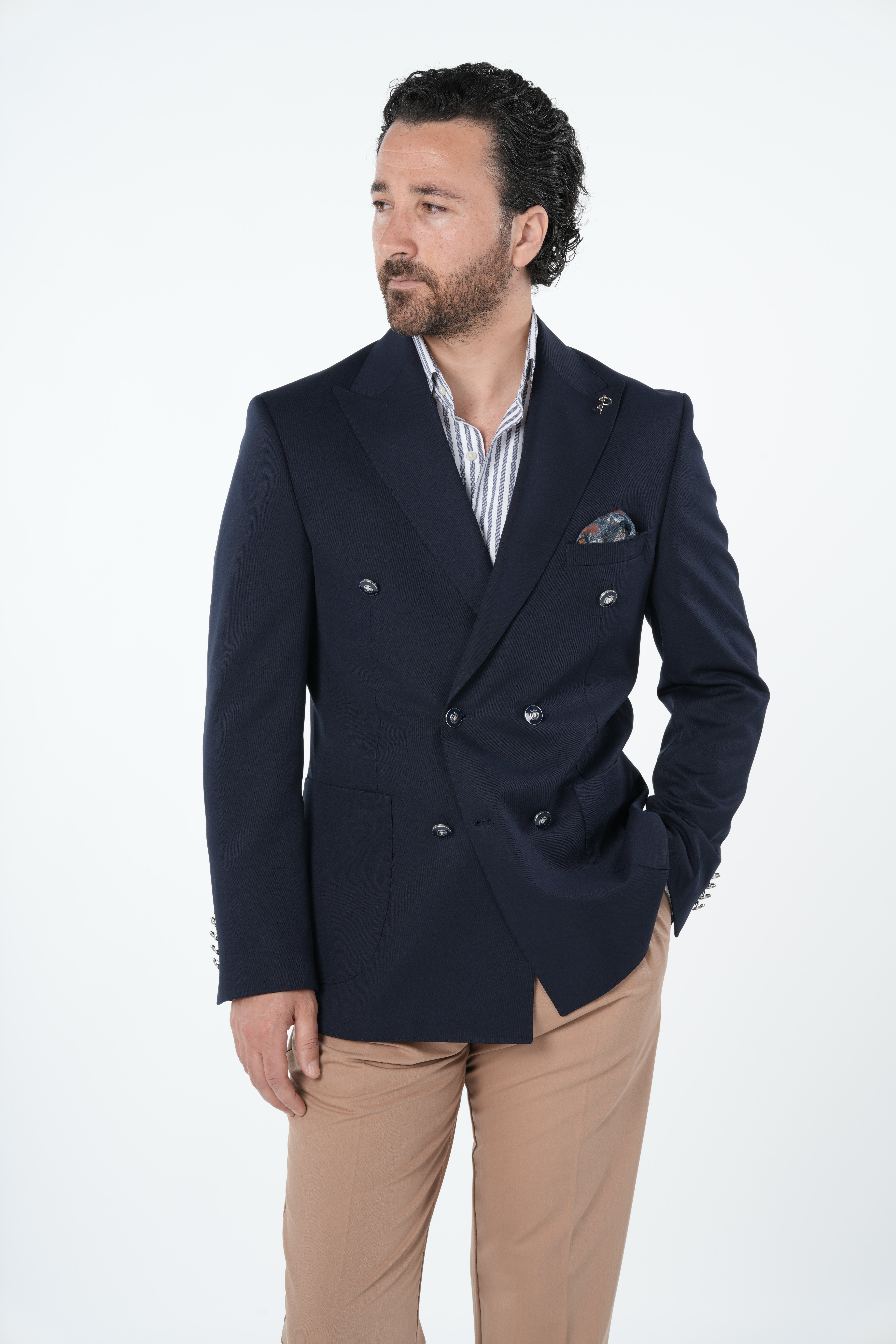 Erkek Premium İtalyan Stil Slim Fit Erkek Punto Dikişli Torba Cepli Yarım Astarlı Kruvaze Ceket-Lacivert
