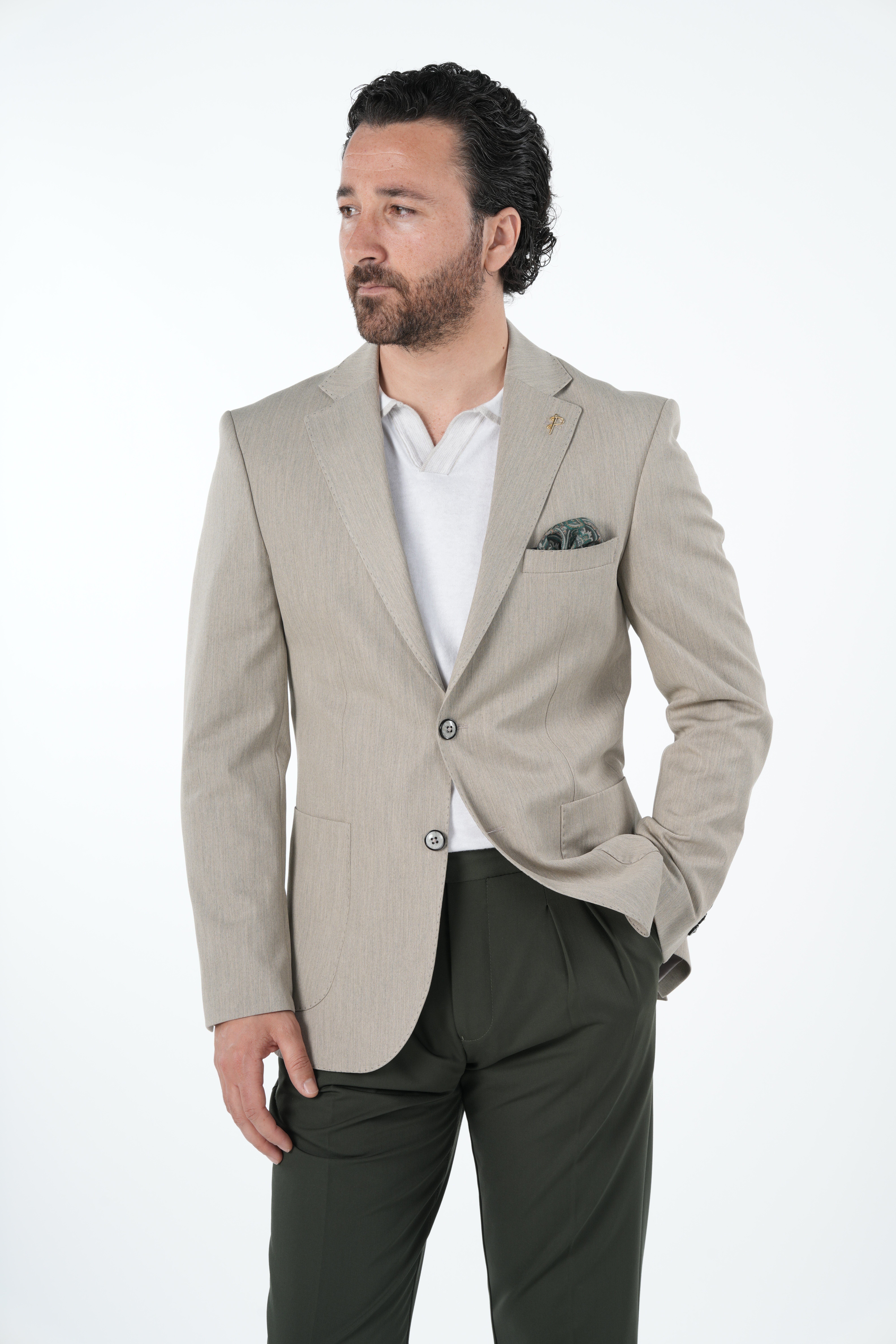 Erkek Premium İtalyan Stil Slim Fit Erkek Punto Dikişli Torba Cepli Yarım Astarlı Ceket-Krem
