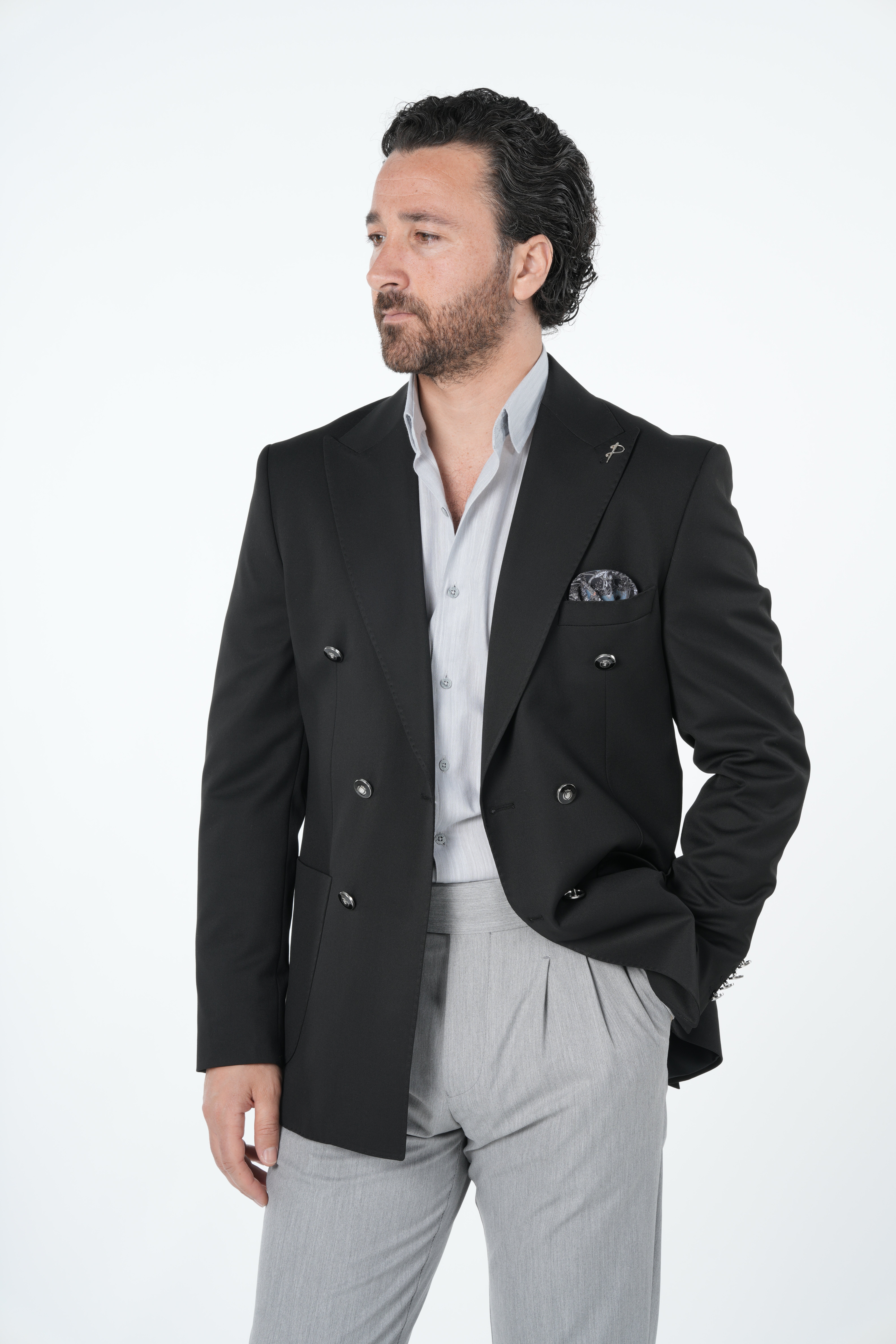 Erkek Premium İtalyan Stil Slim Fit Erkek Punto Dikişli Torba Cepli Yarım Astarlı Kruvaze Ceket-Siyah