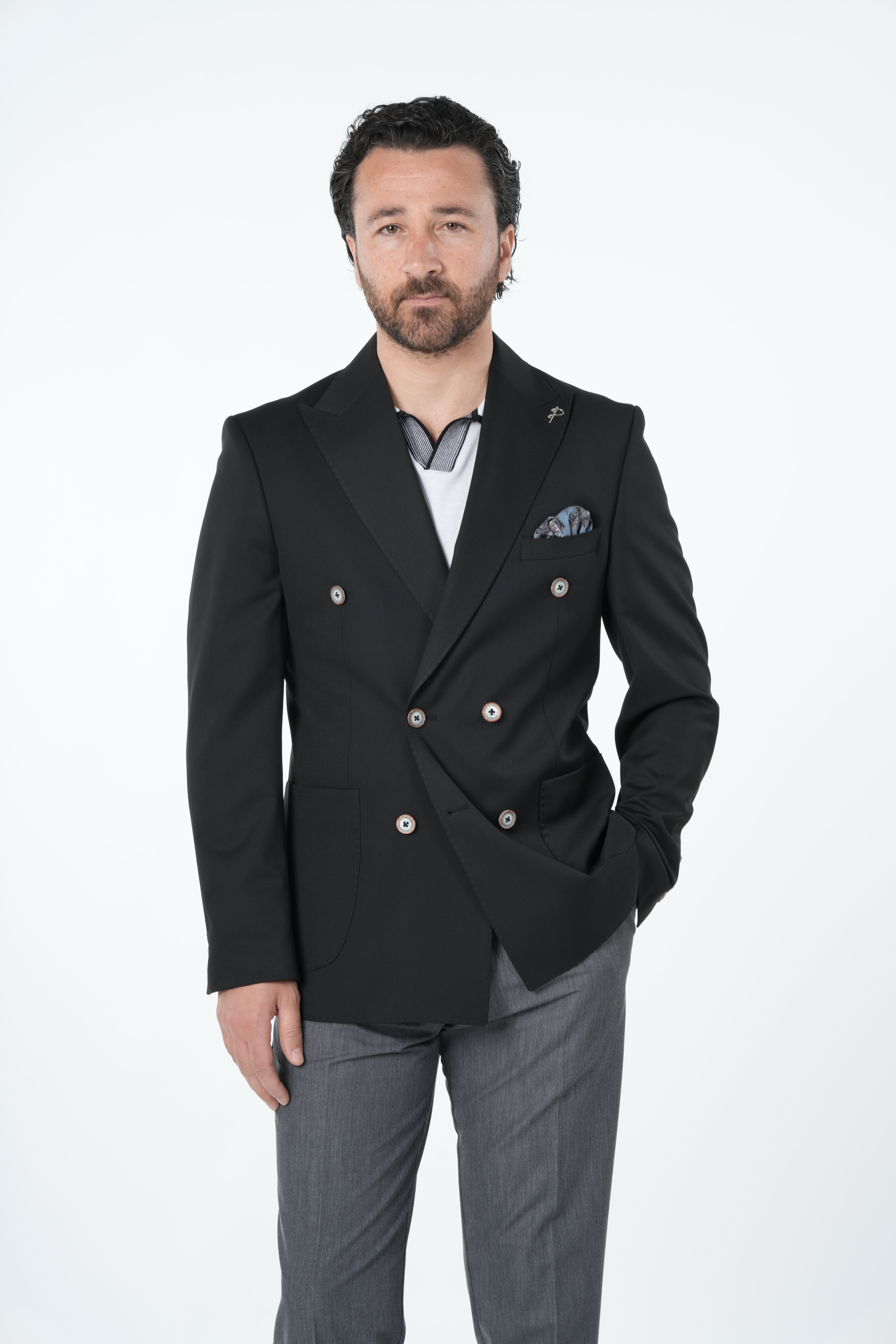 Erkek Premium İtalyan Stil Slim Fit Erkek Punto Dikişli Torba Cepli Yarım Astarlı Kruvaze Ceket-Siyah