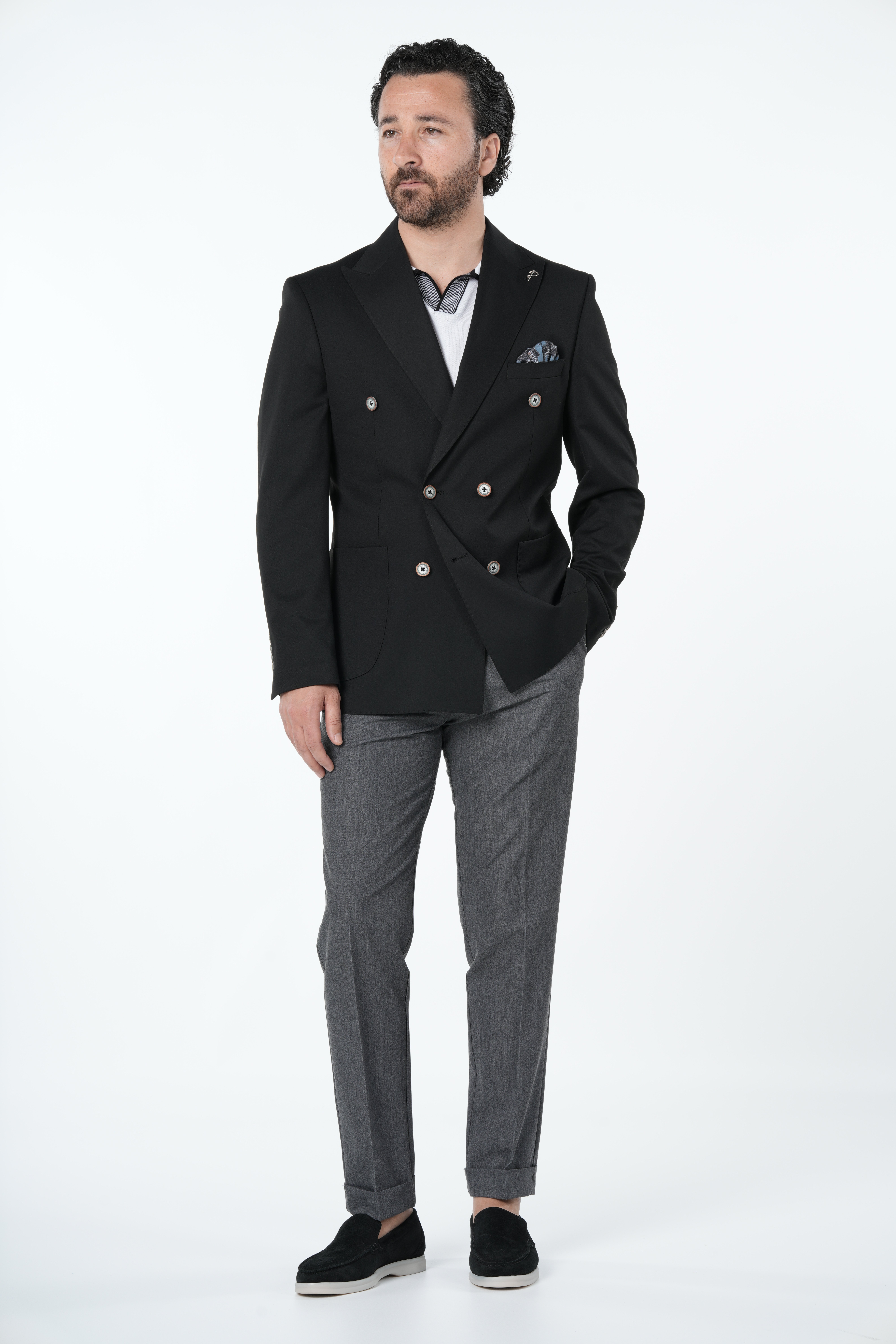 Erkek Premium İtalyan Stil Slim Fit Erkek Punto Dikişli Torba Cepli Yarım Astarlı Kruvaze Ceket-Siyah