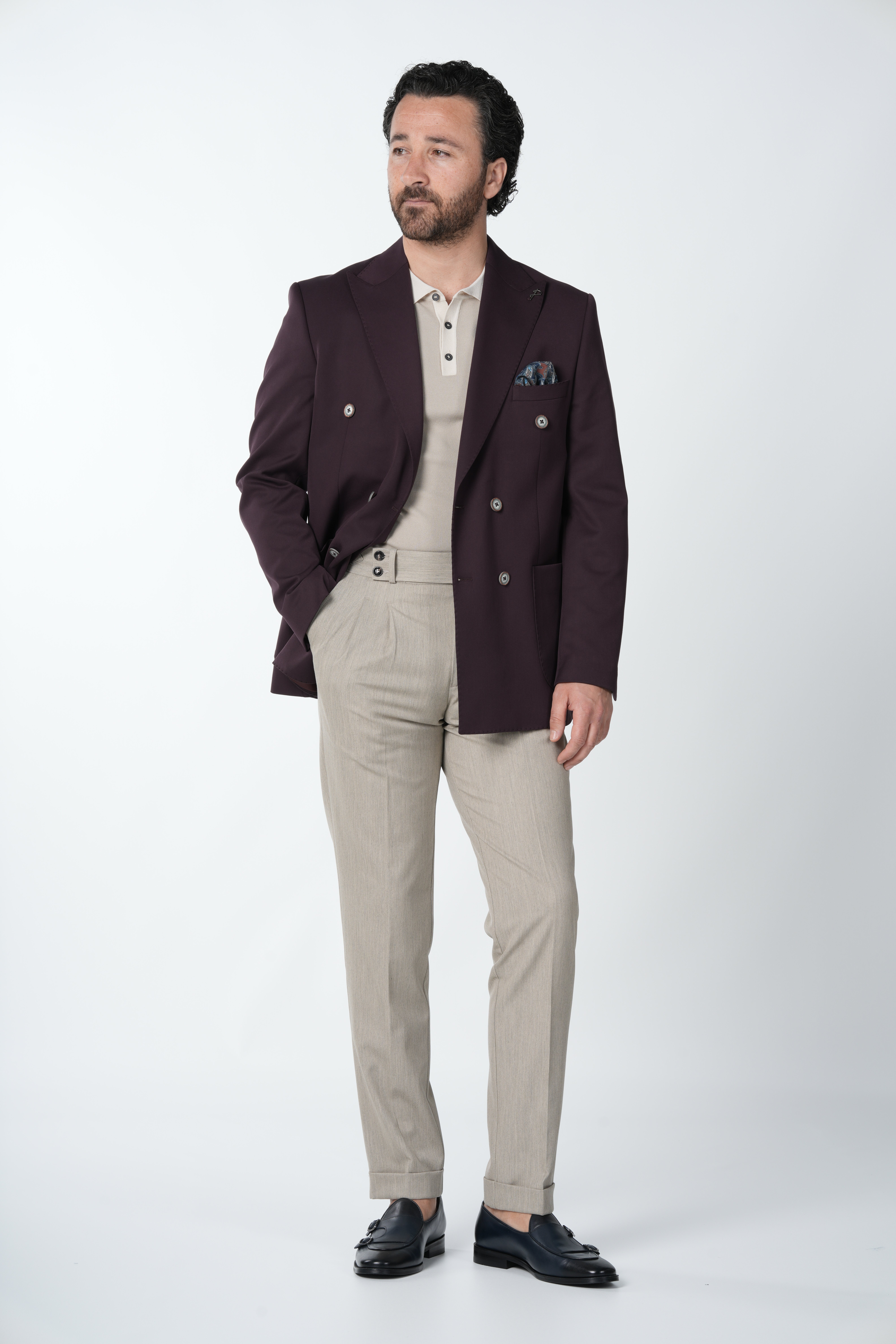Erkek Premium İtalyan Stil Slim Fit Erkek Punto Dikişli Torba Cepli Yarım Astarlı Kruvaze Ceket-Mor