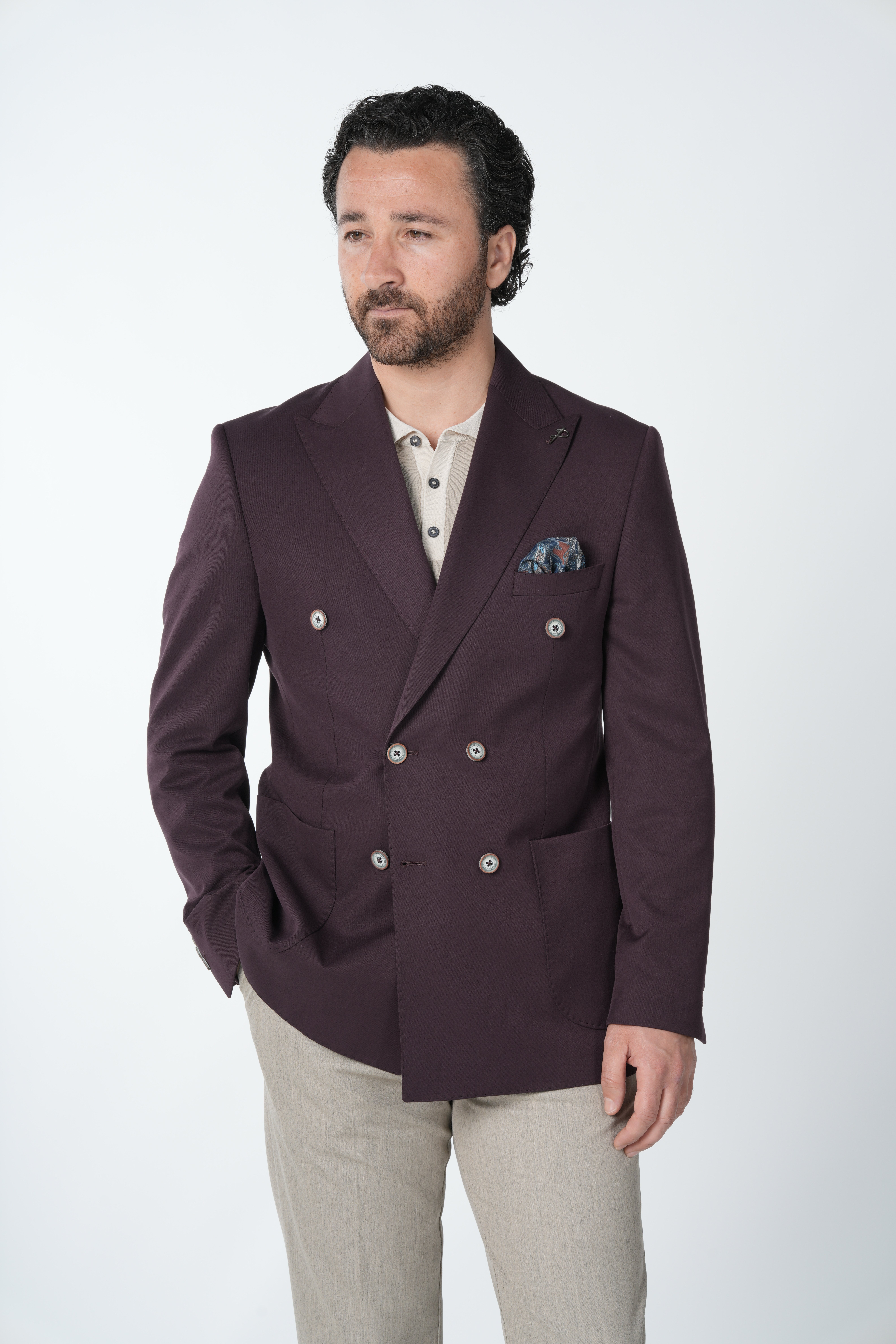 Erkek Premium İtalyan Stil Slim Fit Erkek Punto Dikişli Torba Cepli Yarım Astarlı Kruvaze Ceket-Mor