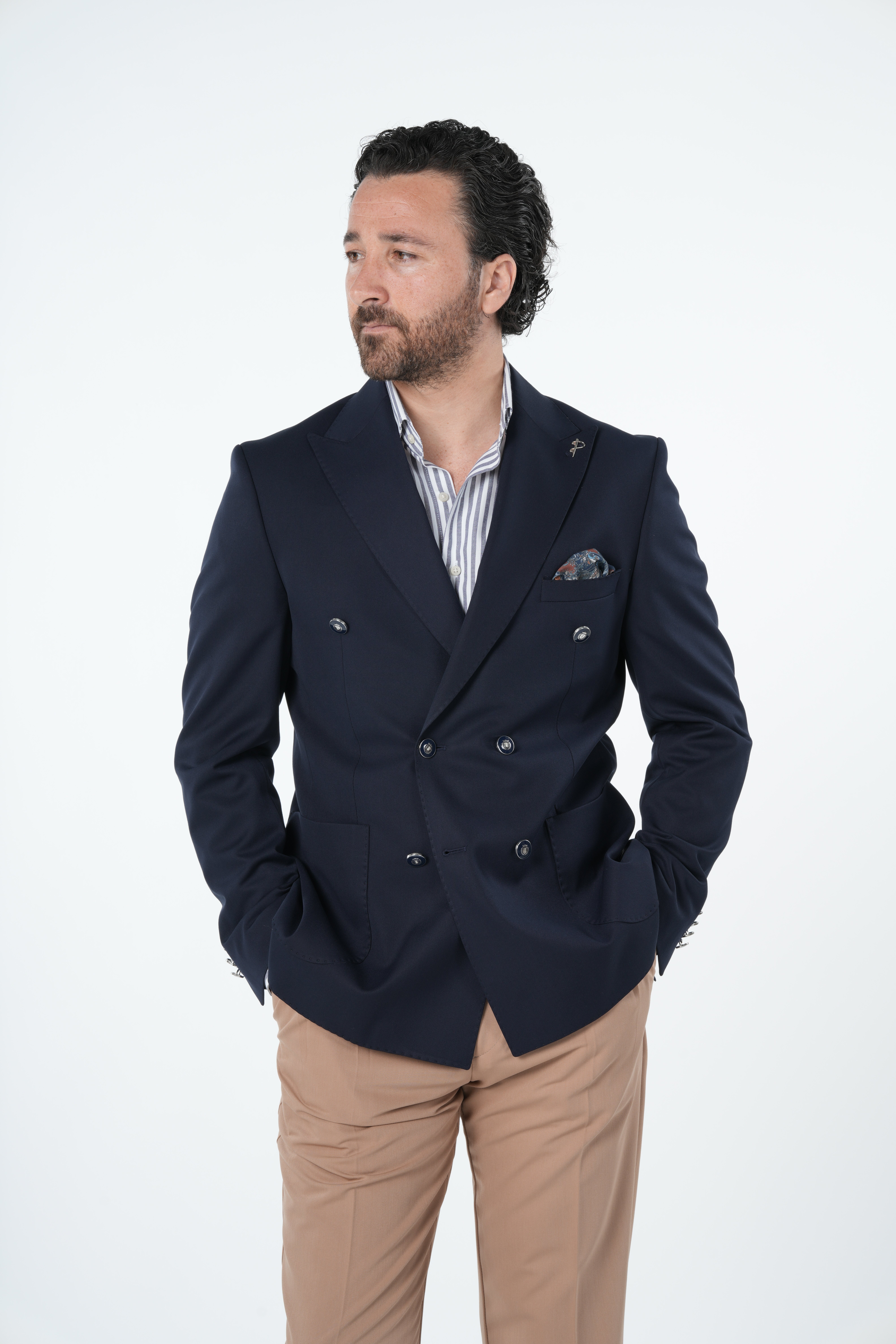 Erkek Premium İtalyan Stil Slim Fit Erkek Punto Dikişli Torba Cepli Yarım Astarlı Kruvaze Ceket-Lacivert