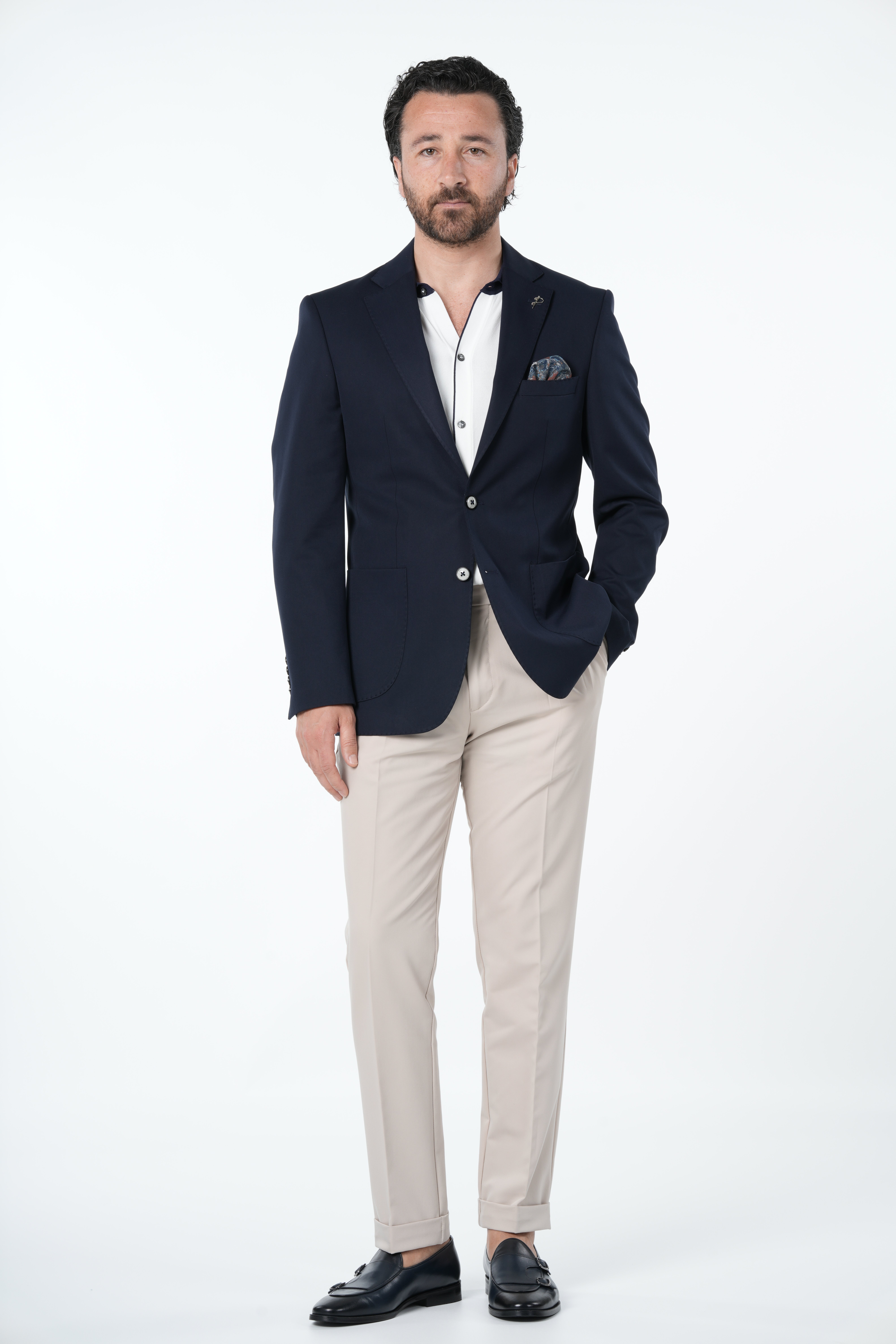 Erkek Premium İtalyan Stil Slim Fit Erkek Punto Dikişli Torba Cepli Yarım Astarlı Ceket-Lacivert