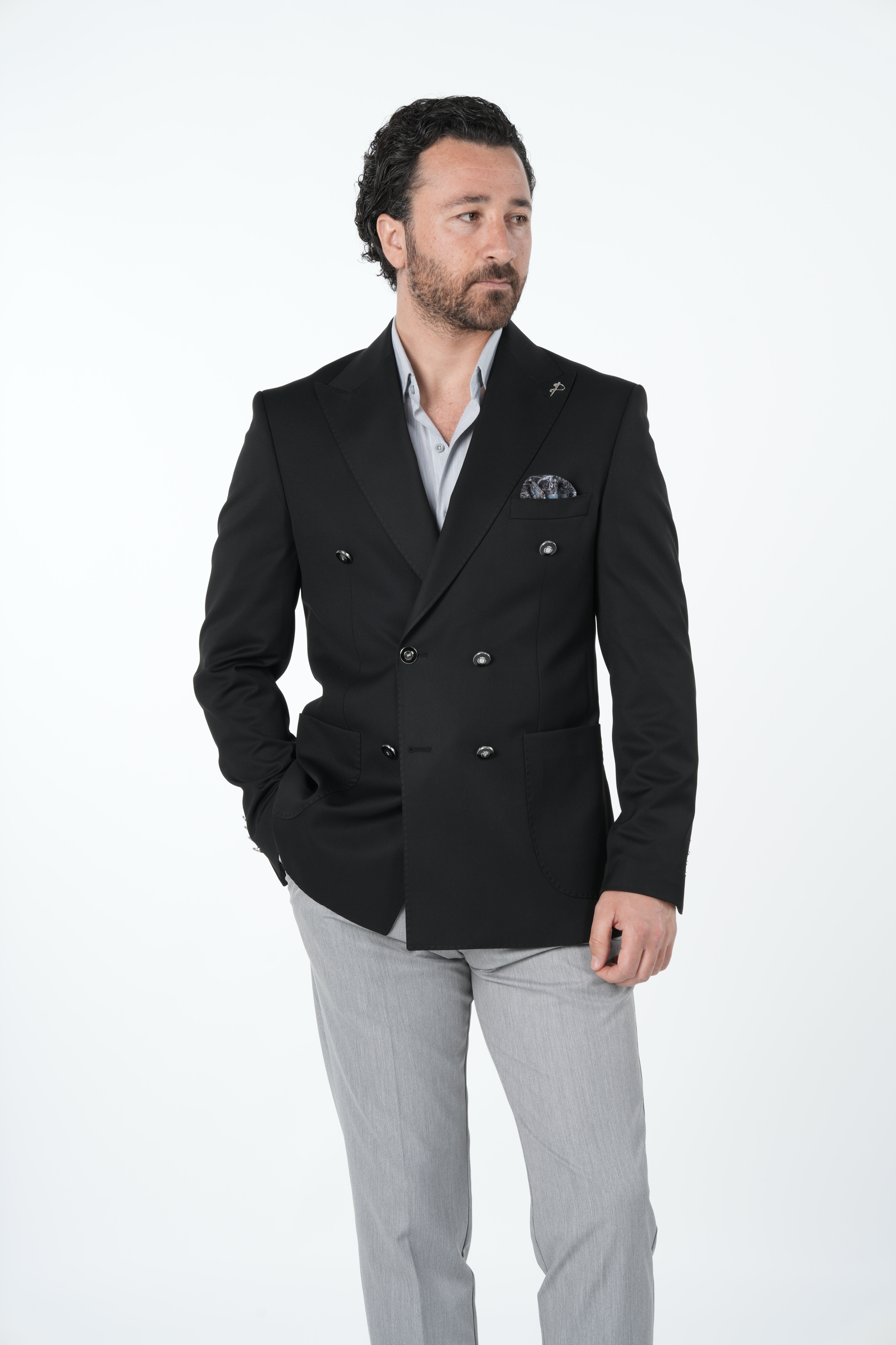 Erkek Premium İtalyan Stil Slim Fit Erkek Punto Dikişli Torba Cepli Yarım Astarlı Kruvaze Ceket-Siyah