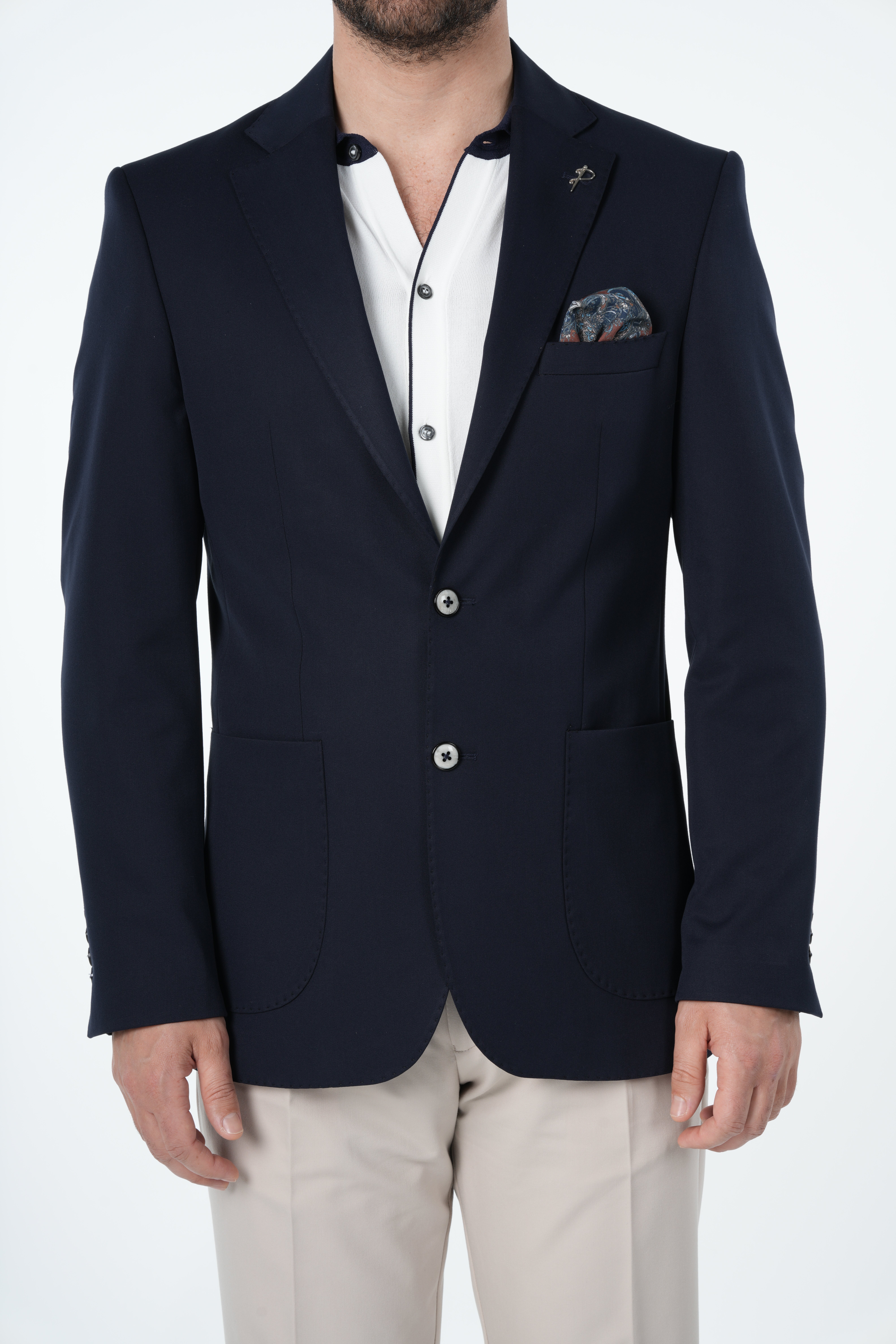 Erkek Premium İtalyan Stil Slim Fit Erkek Punto Dikişli Torba Cepli Yarım Astarlı Ceket-Lacivert