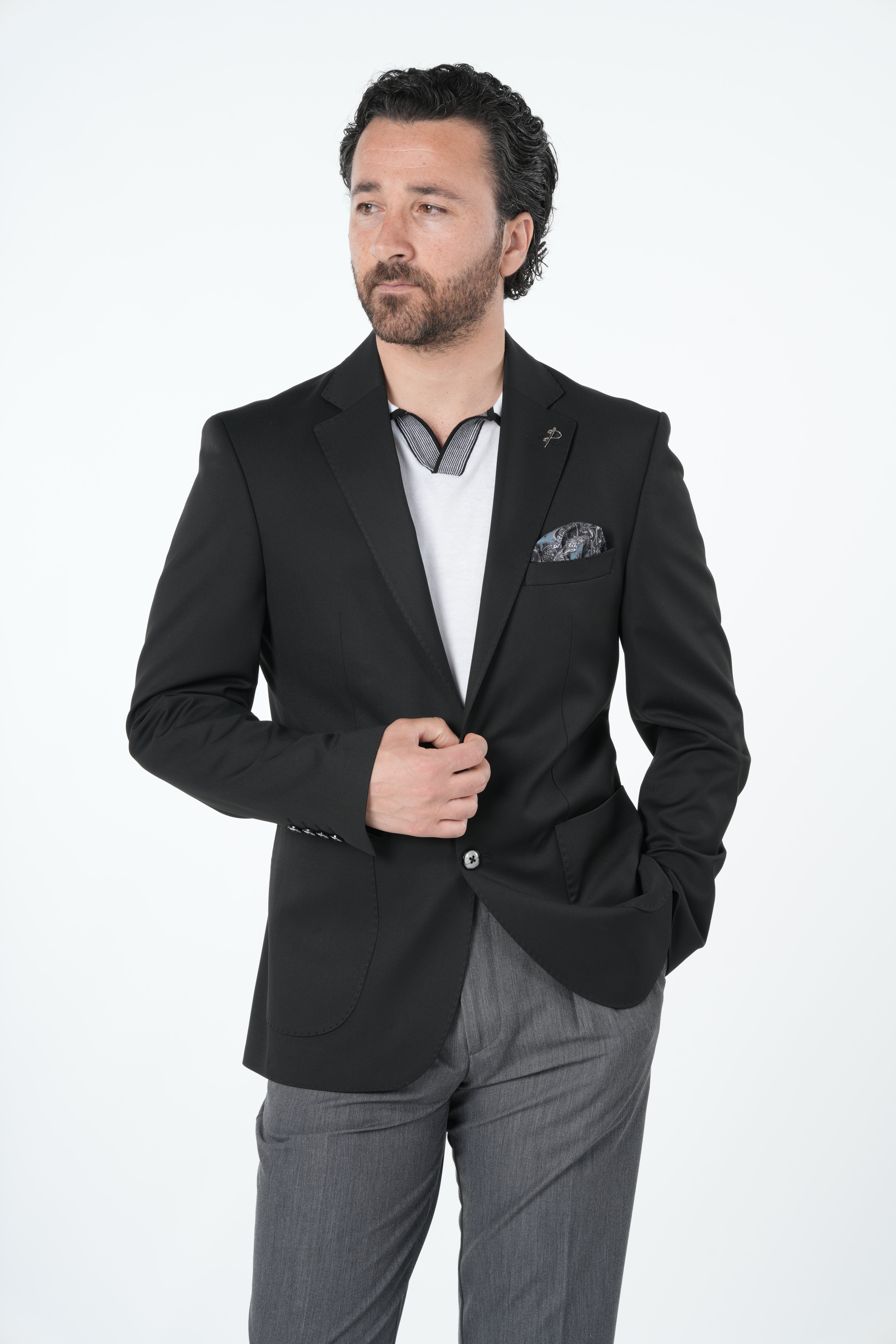 Erkek Premium İtalyan Stil Slim Fit Erkek Punto Dikişli Torba Cepli Yarım Astarlı Ceket-Siyah
