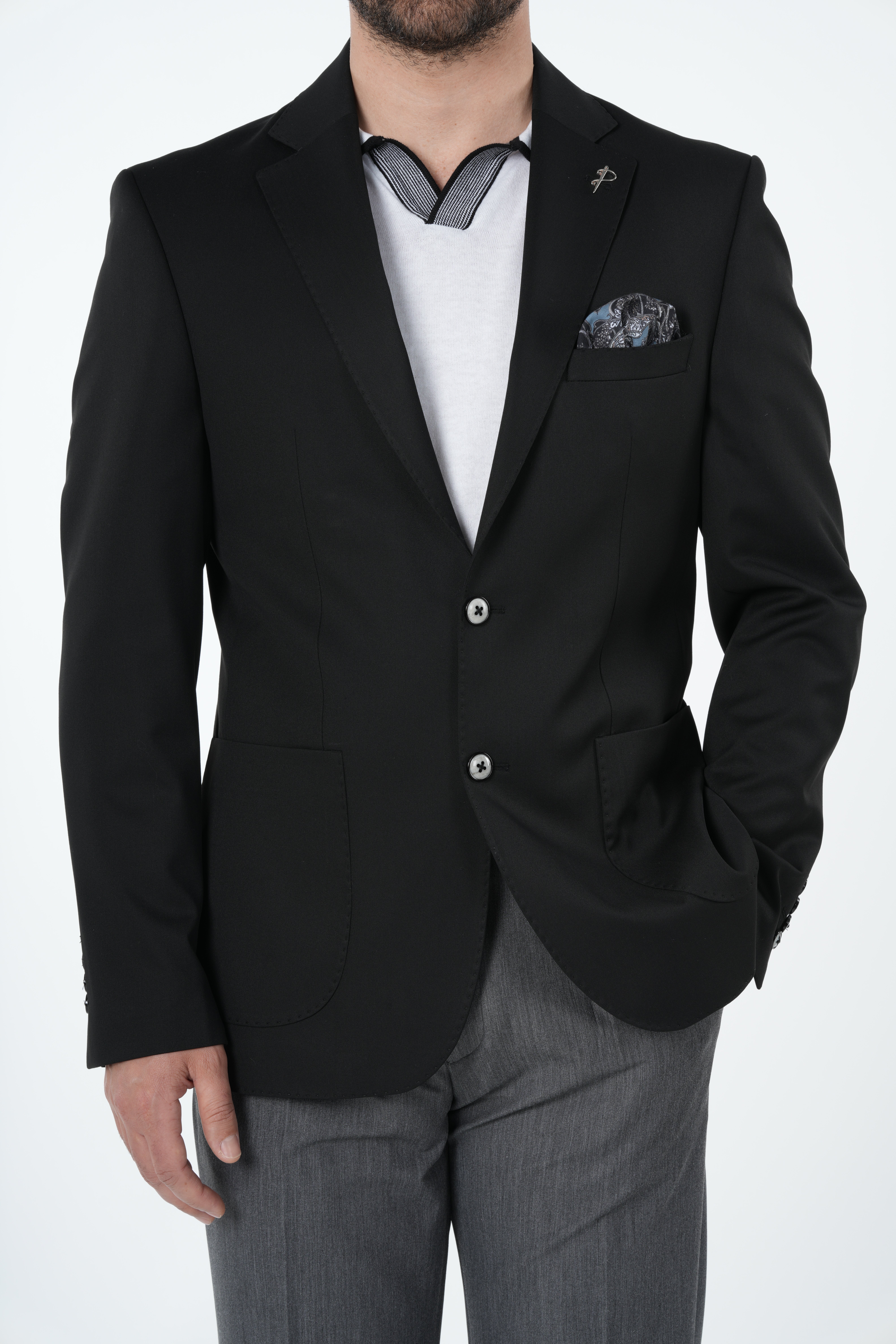 Erkek Premium İtalyan Stil Slim Fit Erkek Punto Dikişli Torba Cepli Yarım Astarlı Ceket-Siyah