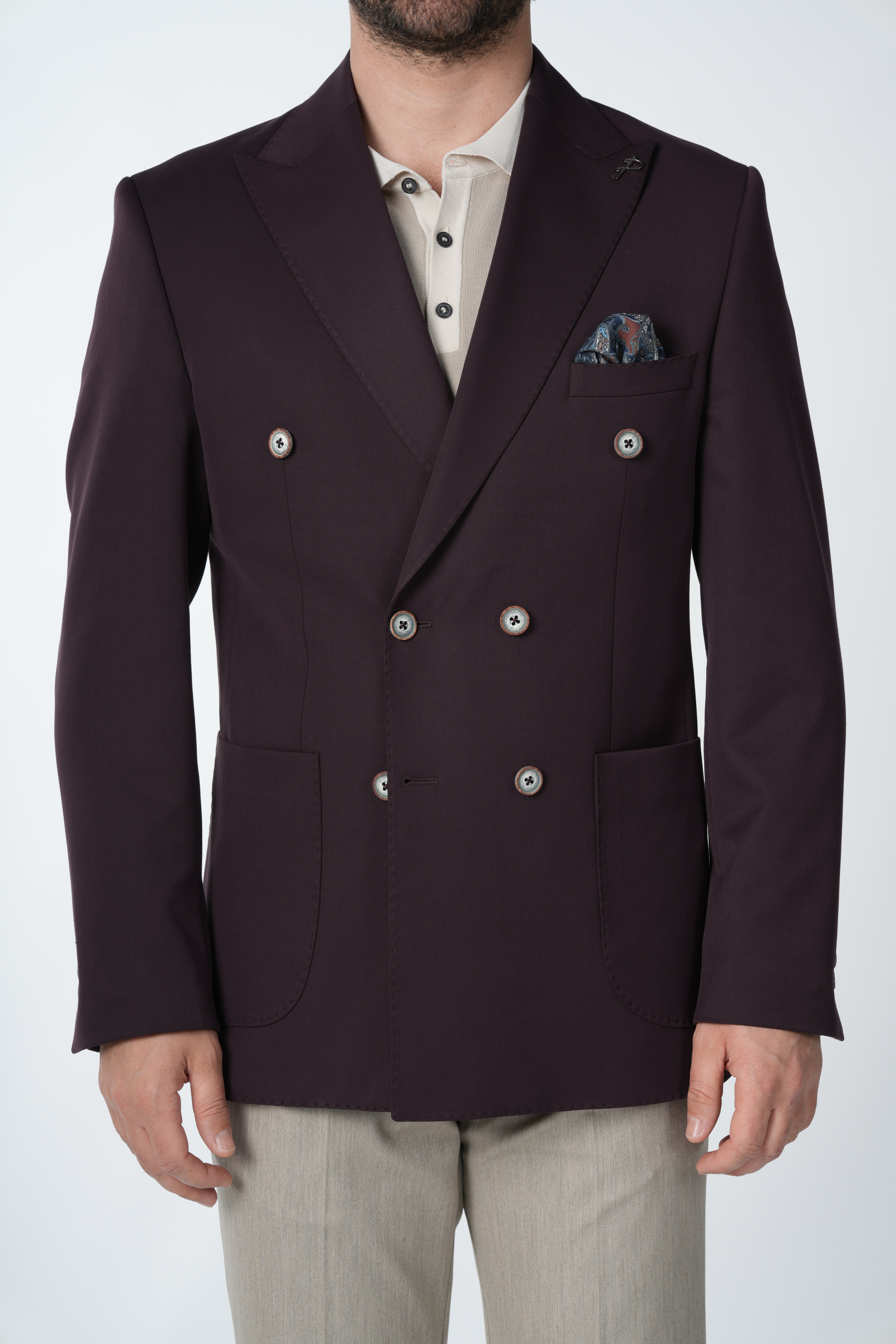 Erkek Premium İtalyan Stil Slim Fit Erkek Punto Dikişli Torba Cepli Yarım Astarlı Kruvaze Ceket-Mor