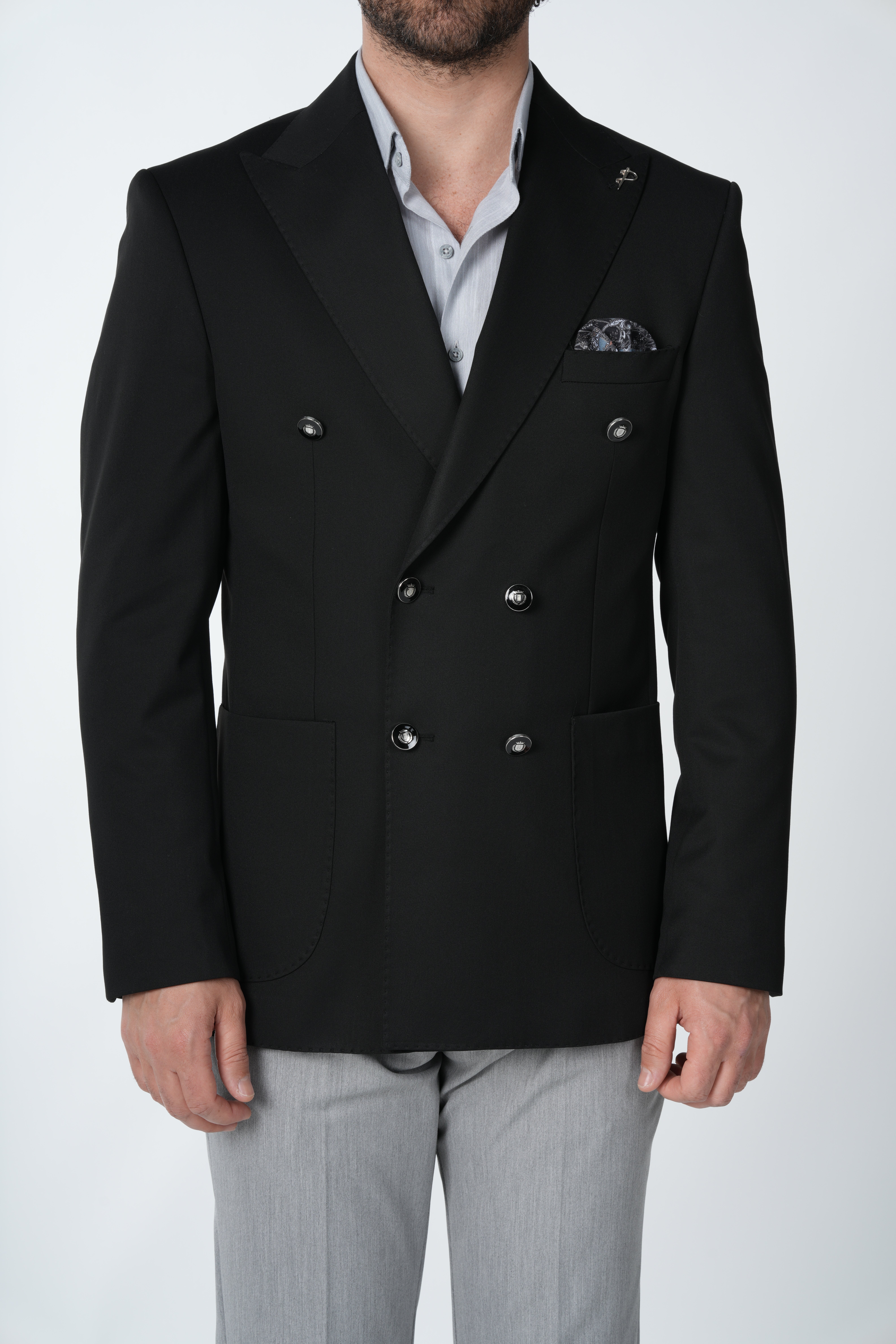 Erkek Premium İtalyan Stil Slim Fit Erkek Punto Dikişli Torba Cepli Yarım Astarlı Kruvaze Ceket-Siyah