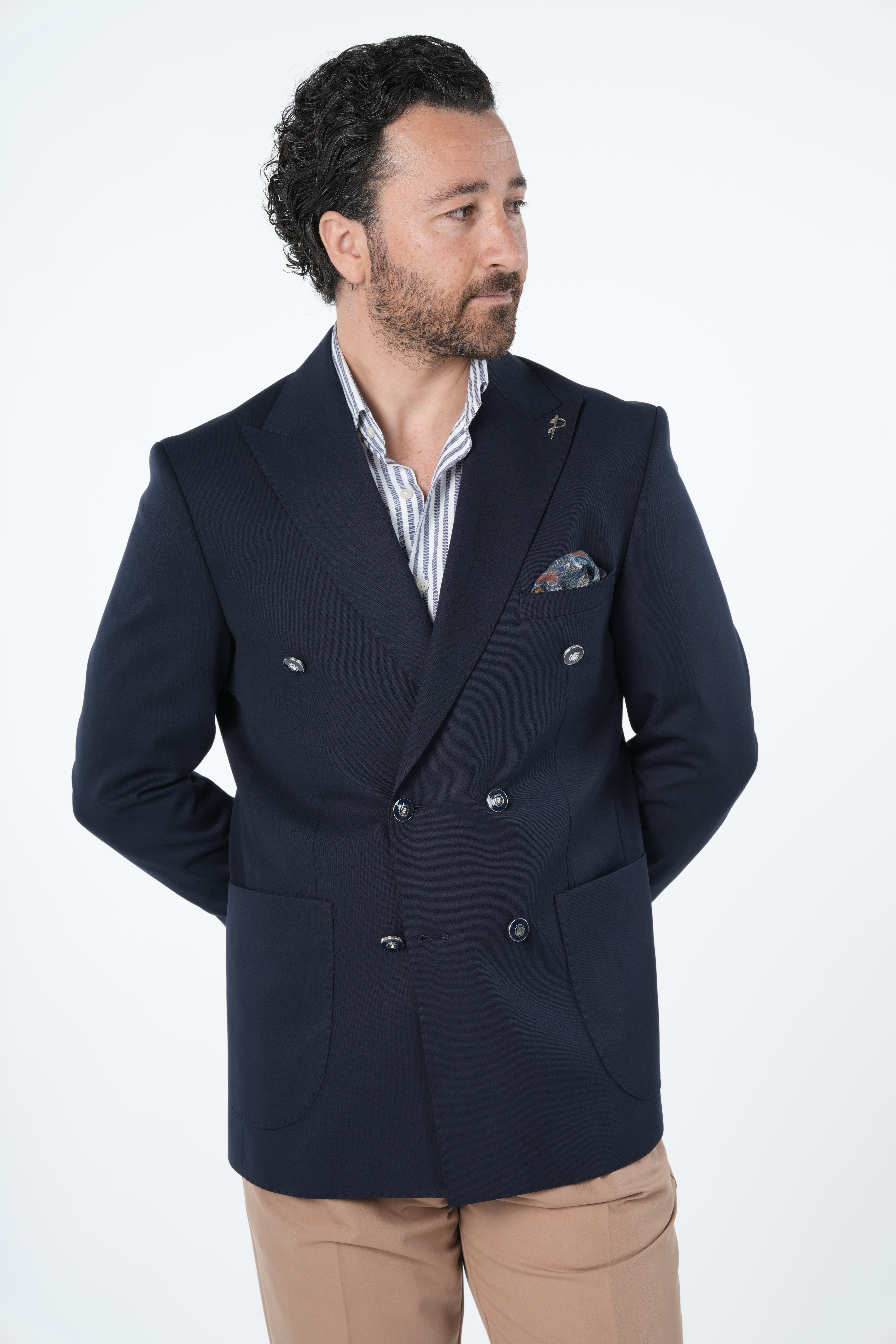 Erkek Premium İtalyan Stil Slim Fit Erkek Punto Dikişli Torba Cepli Yarım Astarlı Kruvaze Ceket-Lacivert