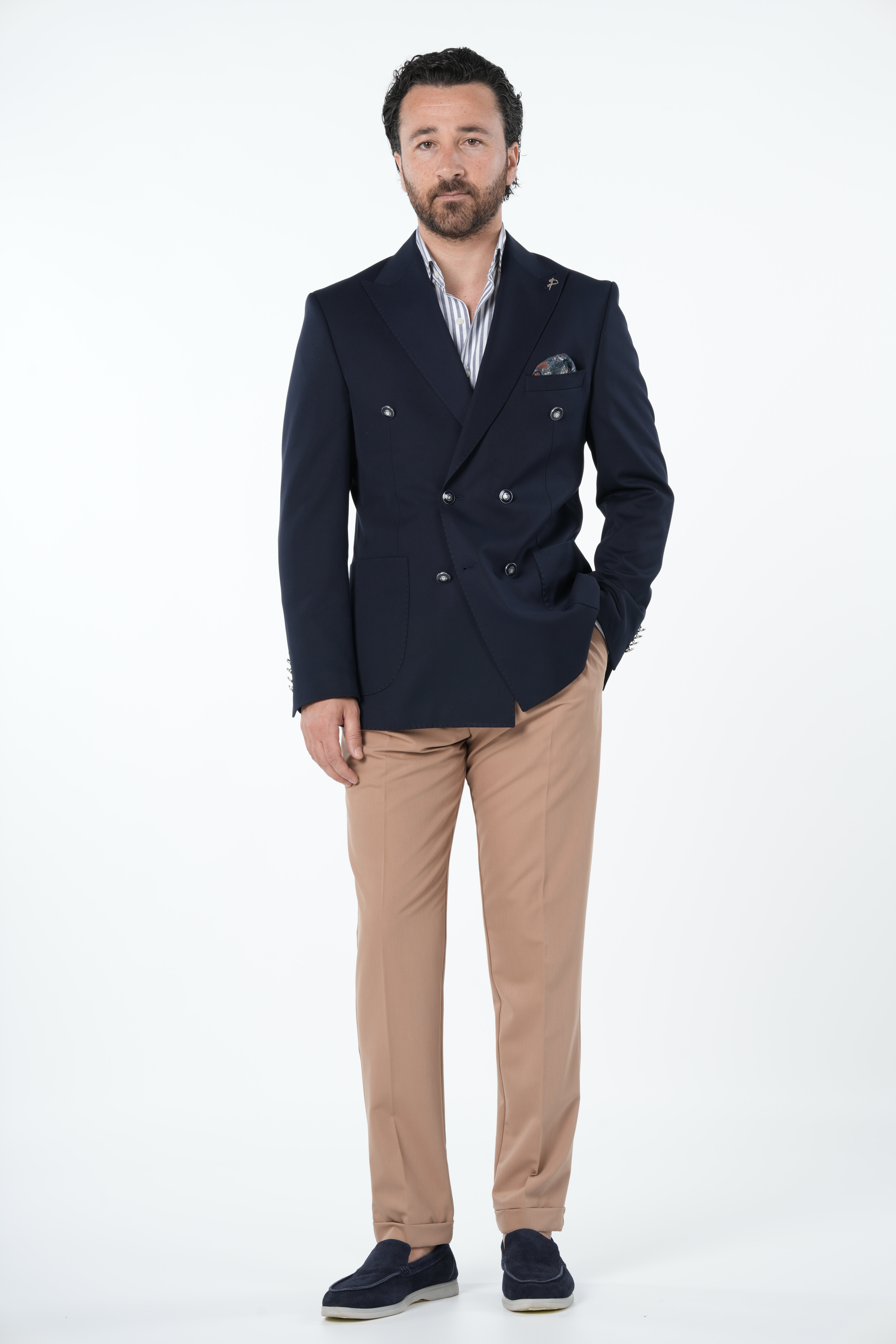 Erkek Premium İtalyan Stil Slim Fit Erkek Punto Dikişli Torba Cepli Yarım Astarlı Kruvaze Ceket-Lacivert