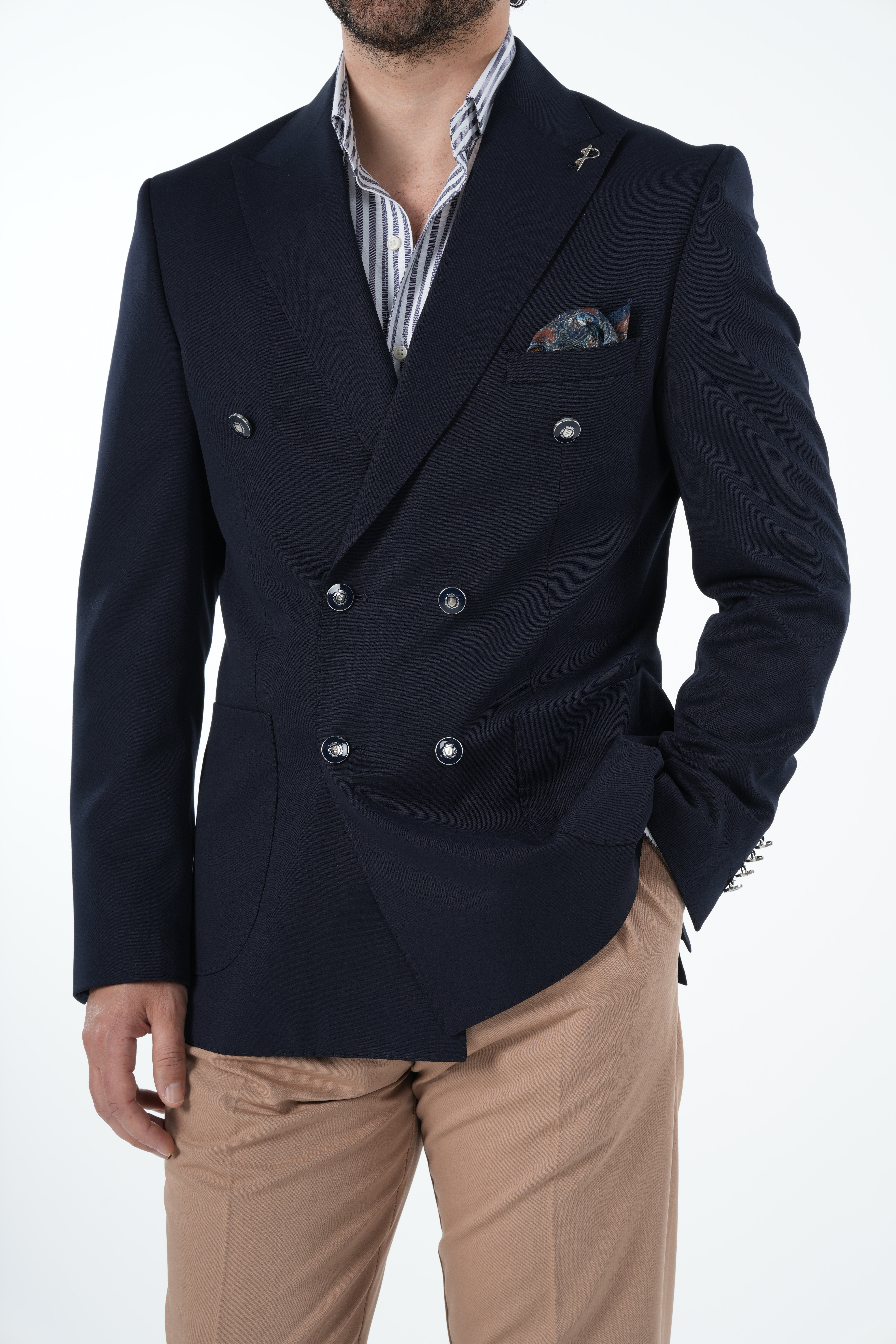 Erkek Premium İtalyan Stil Slim Fit Erkek Punto Dikişli Torba Cepli Yarım Astarlı Kruvaze Ceket-Lacivert