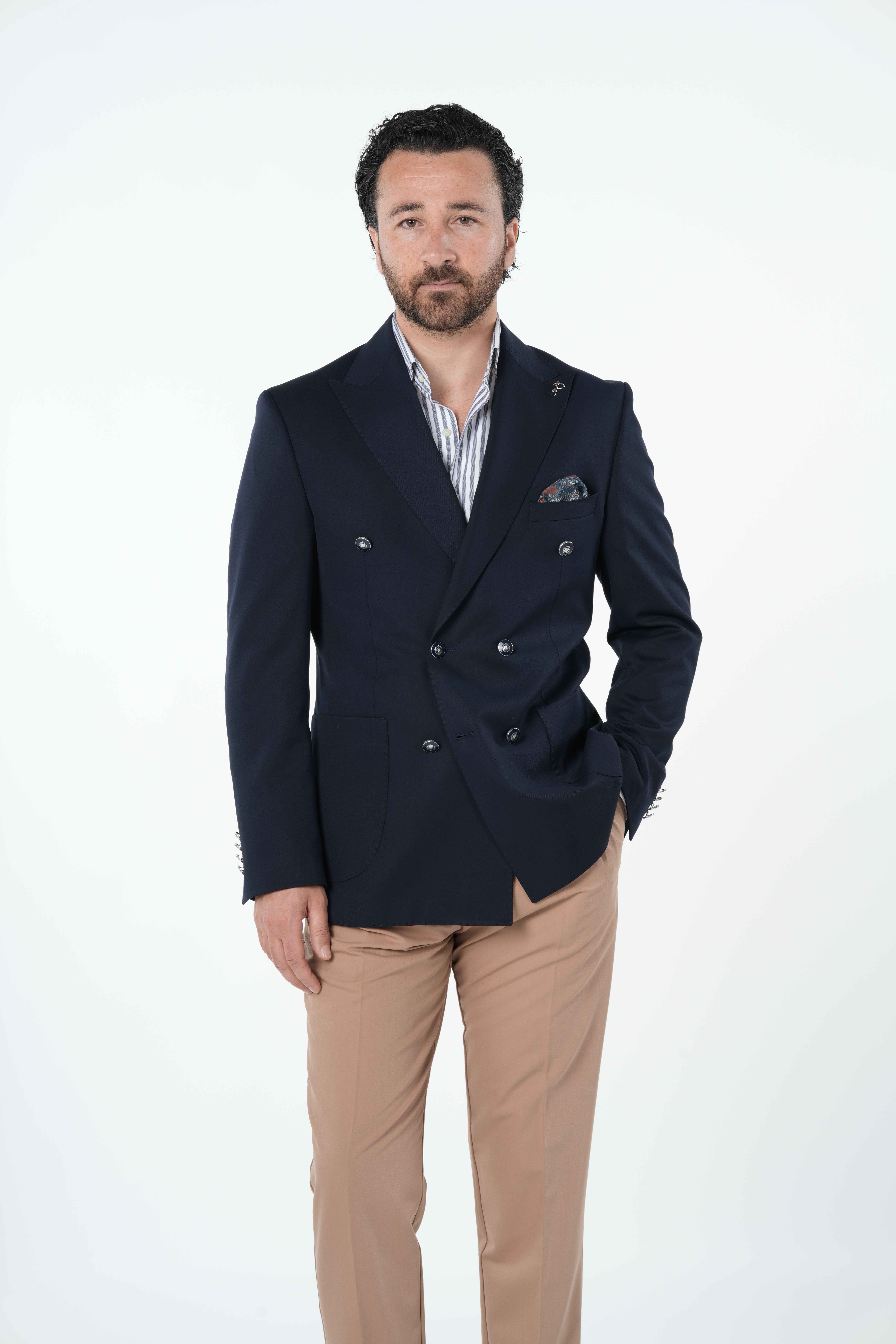 Erkek Premium İtalyan Stil Slim Fit Erkek Punto Dikişli Torba Cepli Yarım Astarlı Kruvaze Ceket-Lacivert