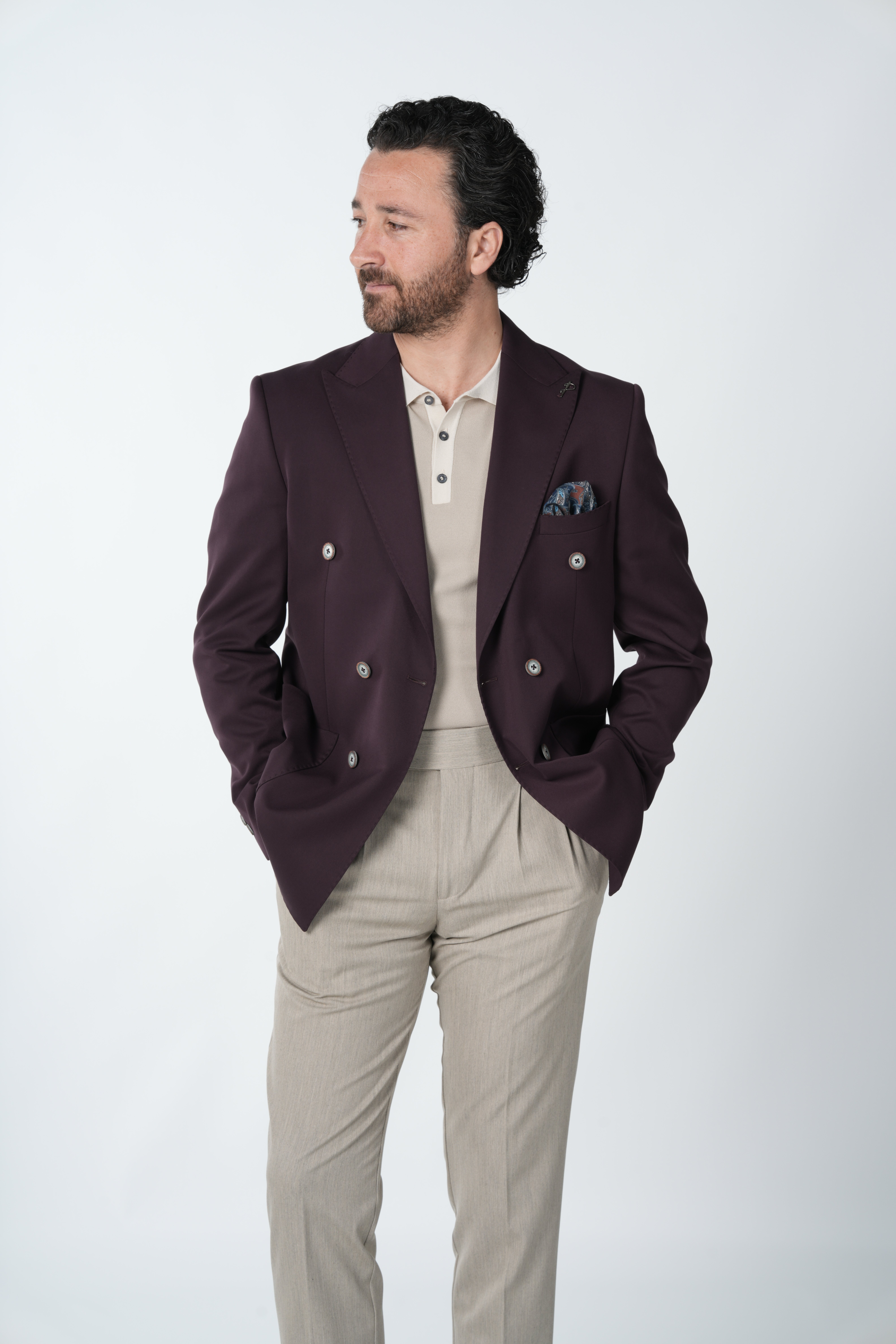 Erkek Premium İtalyan Stil Slim Fit Erkek Punto Dikişli Torba Cepli Yarım Astarlı Kruvaze Ceket-Mor
