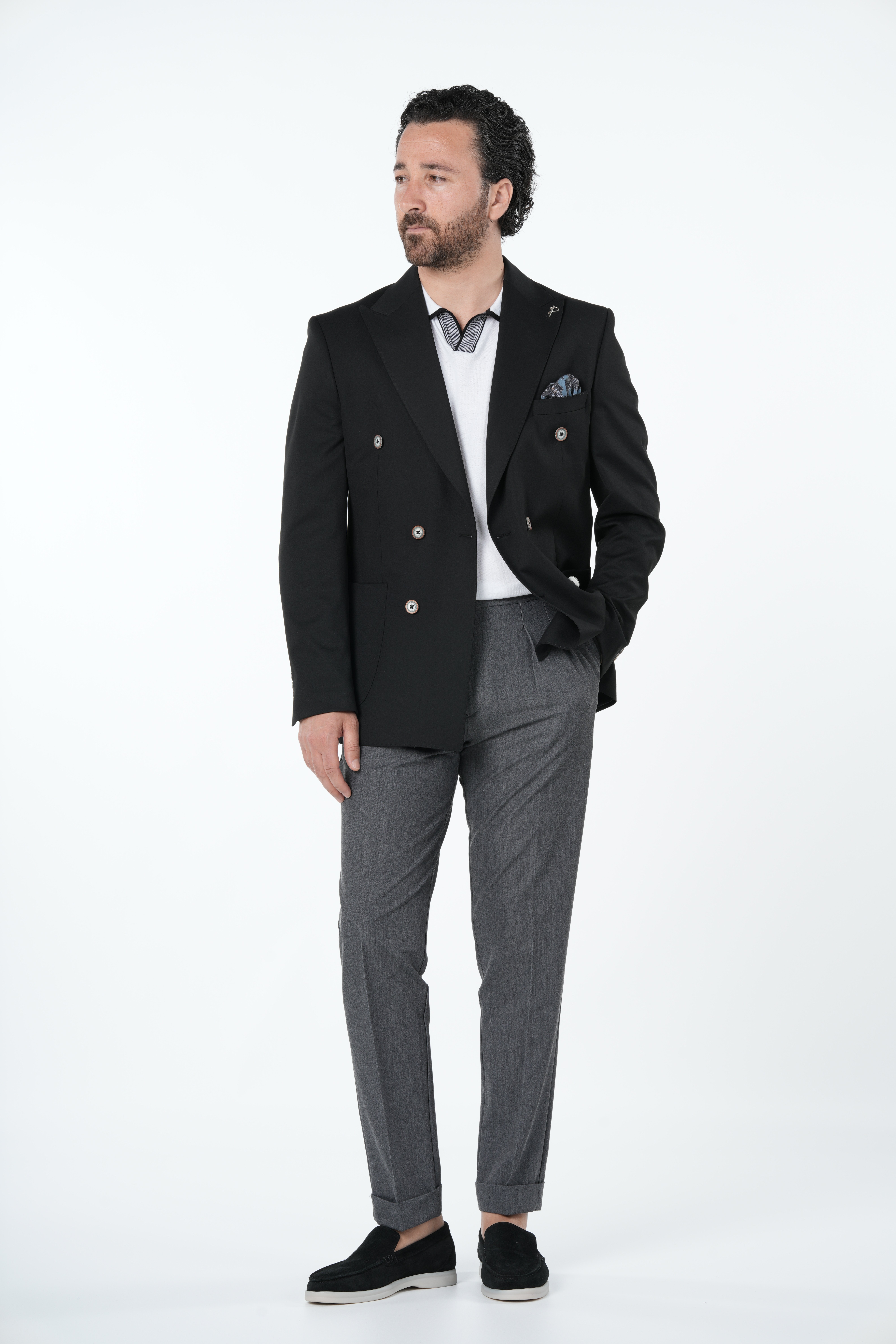 Erkek Premium İtalyan Stil Slim Fit Erkek Punto Dikişli Torba Cepli Yarım Astarlı Kruvaze Ceket-Siyah