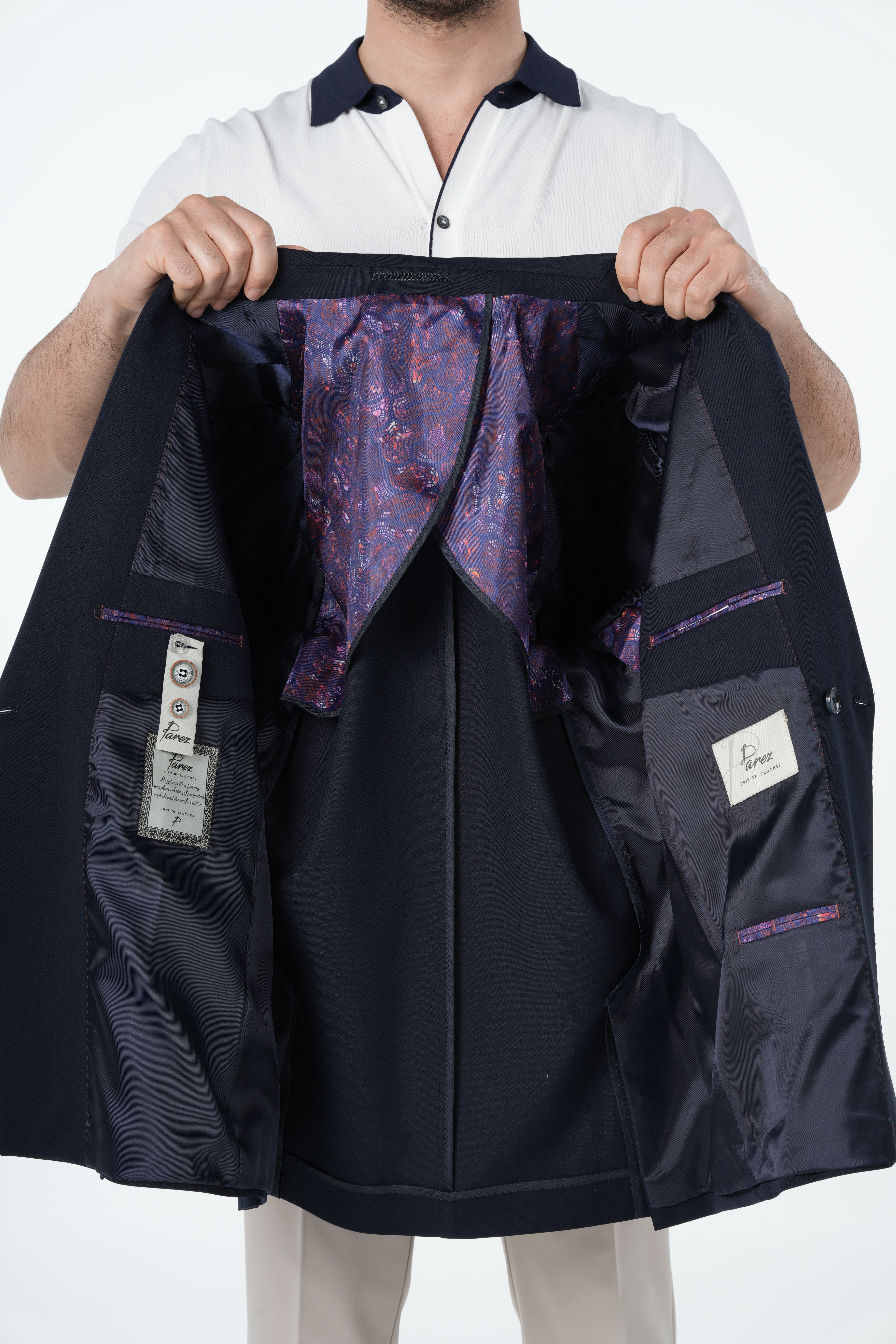 Erkek Premium İtalyan Stil Slim Fit Erkek Punto Dikişli Torba Cepli Yarım Astarlı Kruvaze Ceket-Lacivert