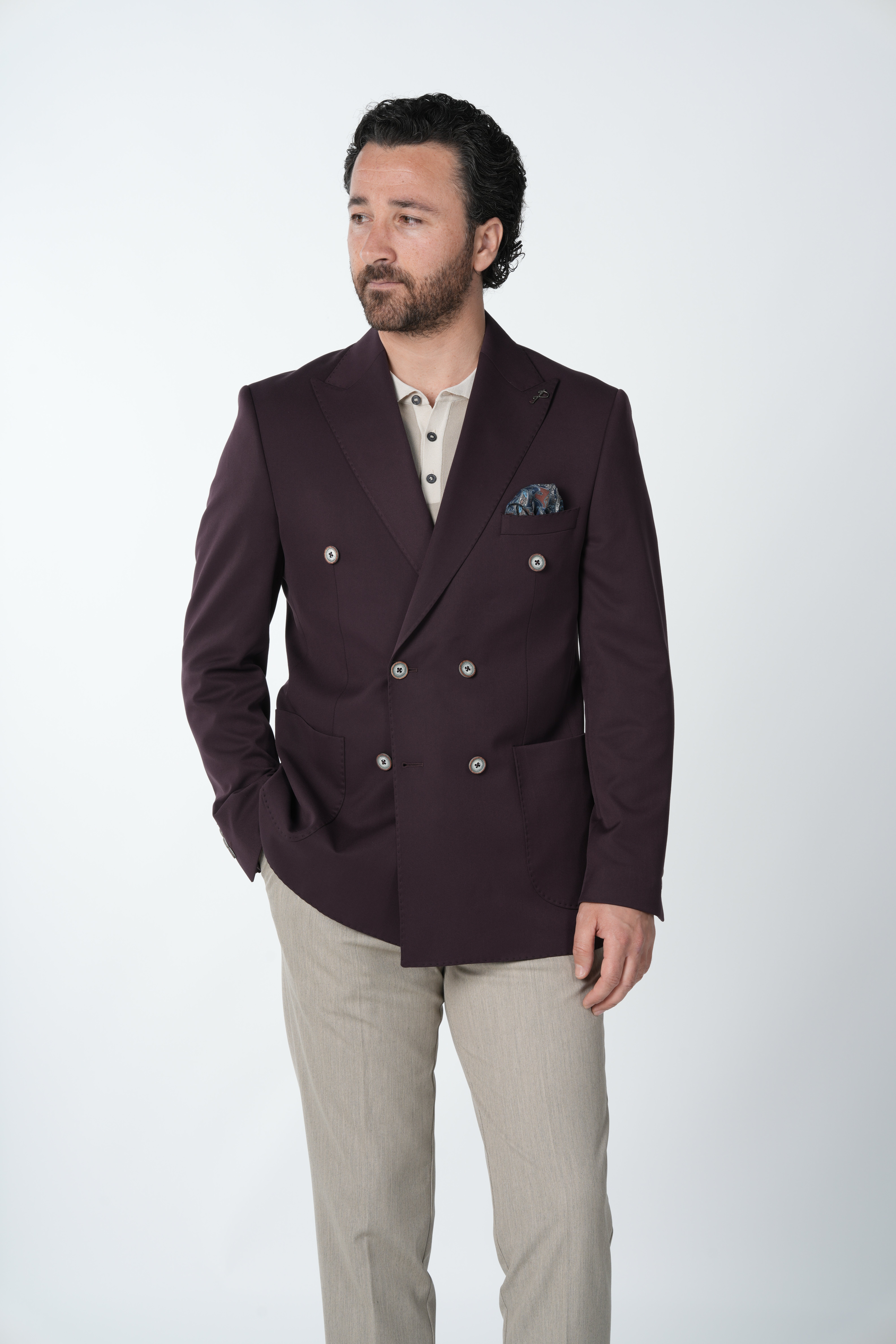 Erkek Premium İtalyan Stil Slim Fit Erkek Punto Dikişli Torba Cepli Yarım Astarlı Kruvaze Ceket-Mor