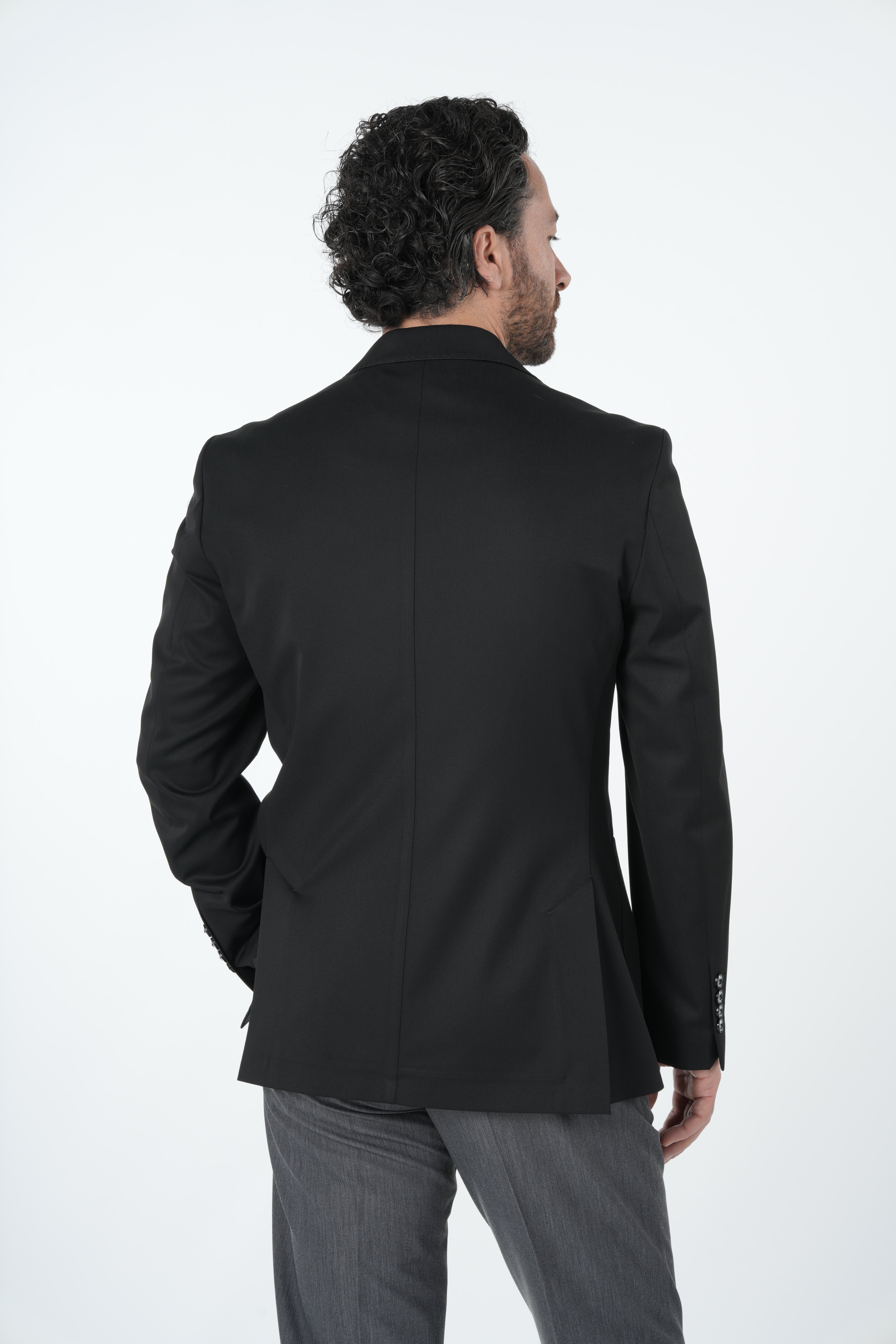 Erkek Premium İtalyan Stil Slim Fit Erkek Punto Dikişli Torba Cepli Yarım Astarlı Ceket-Siyah