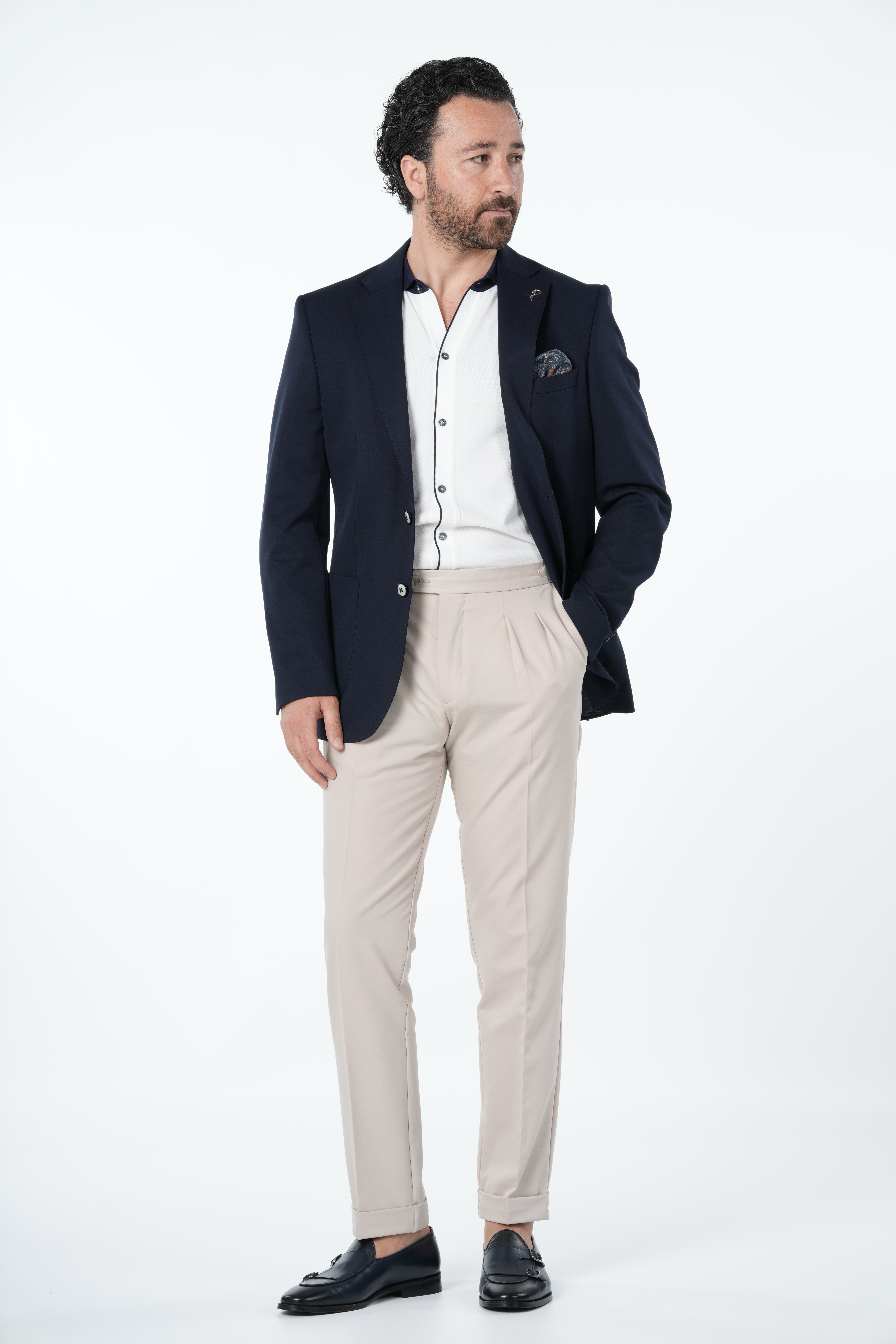 Erkek Premium İtalyan Stil Slim Fit Erkek Punto Dikişli Torba Cepli Yarım Astarlı Ceket-Lacivert