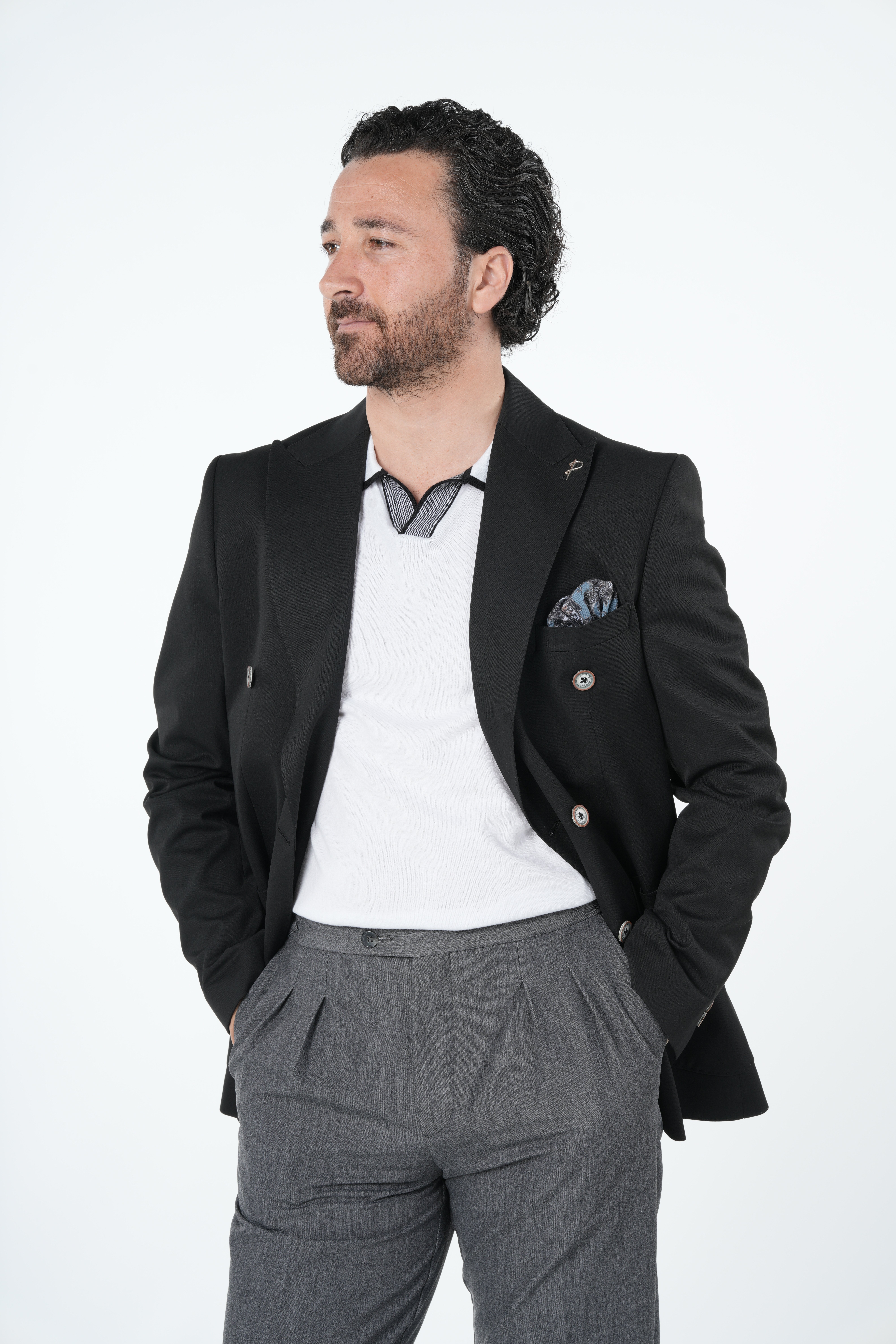 Erkek Premium İtalyan Stil Slim Fit Erkek Punto Dikişli Torba Cepli Yarım Astarlı Kruvaze Ceket-Siyah