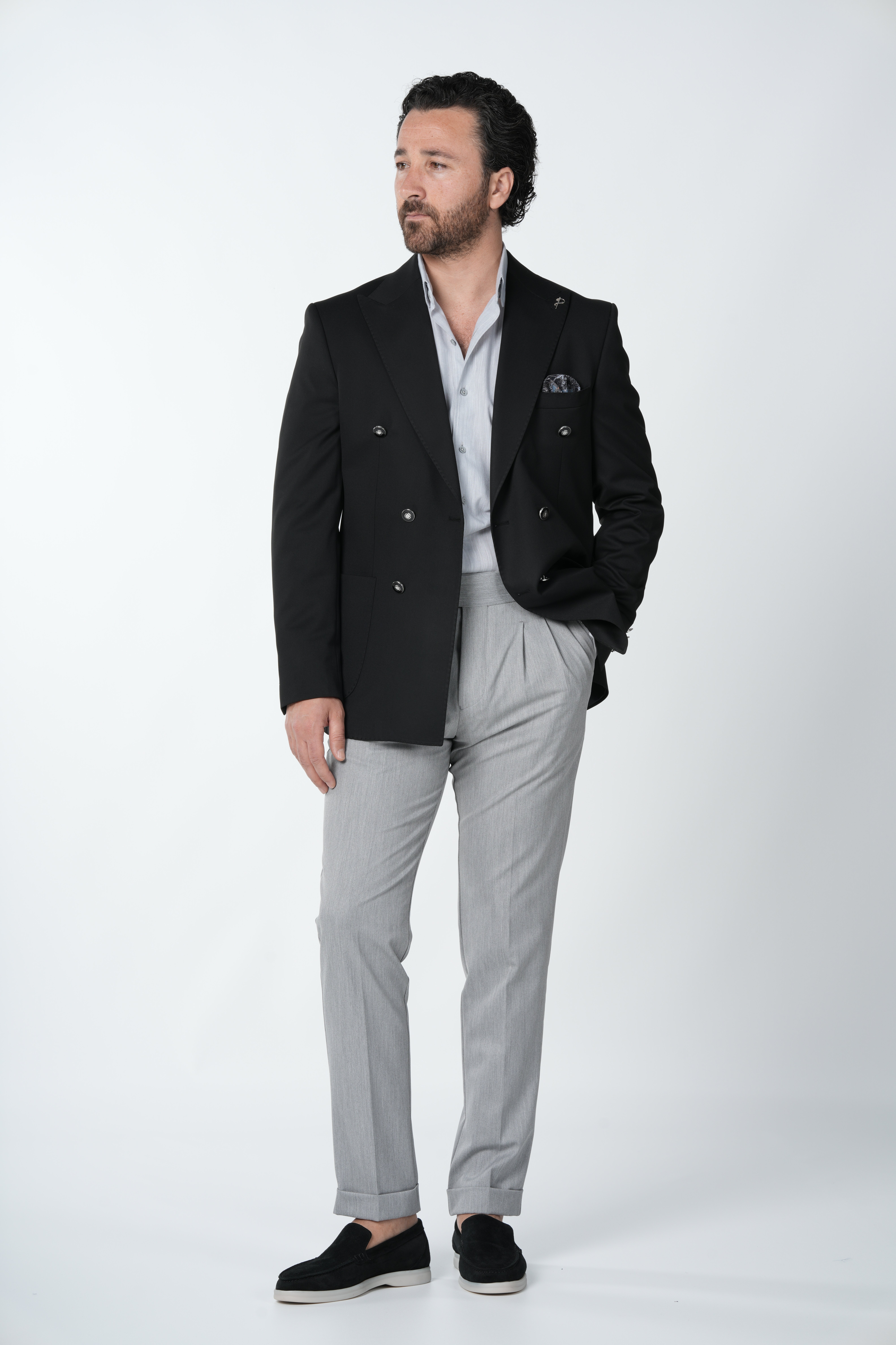 Erkek Premium İtalyan Stil Slim Fit Erkek Punto Dikişli Torba Cepli Yarım Astarlı Kruvaze Ceket-Siyah