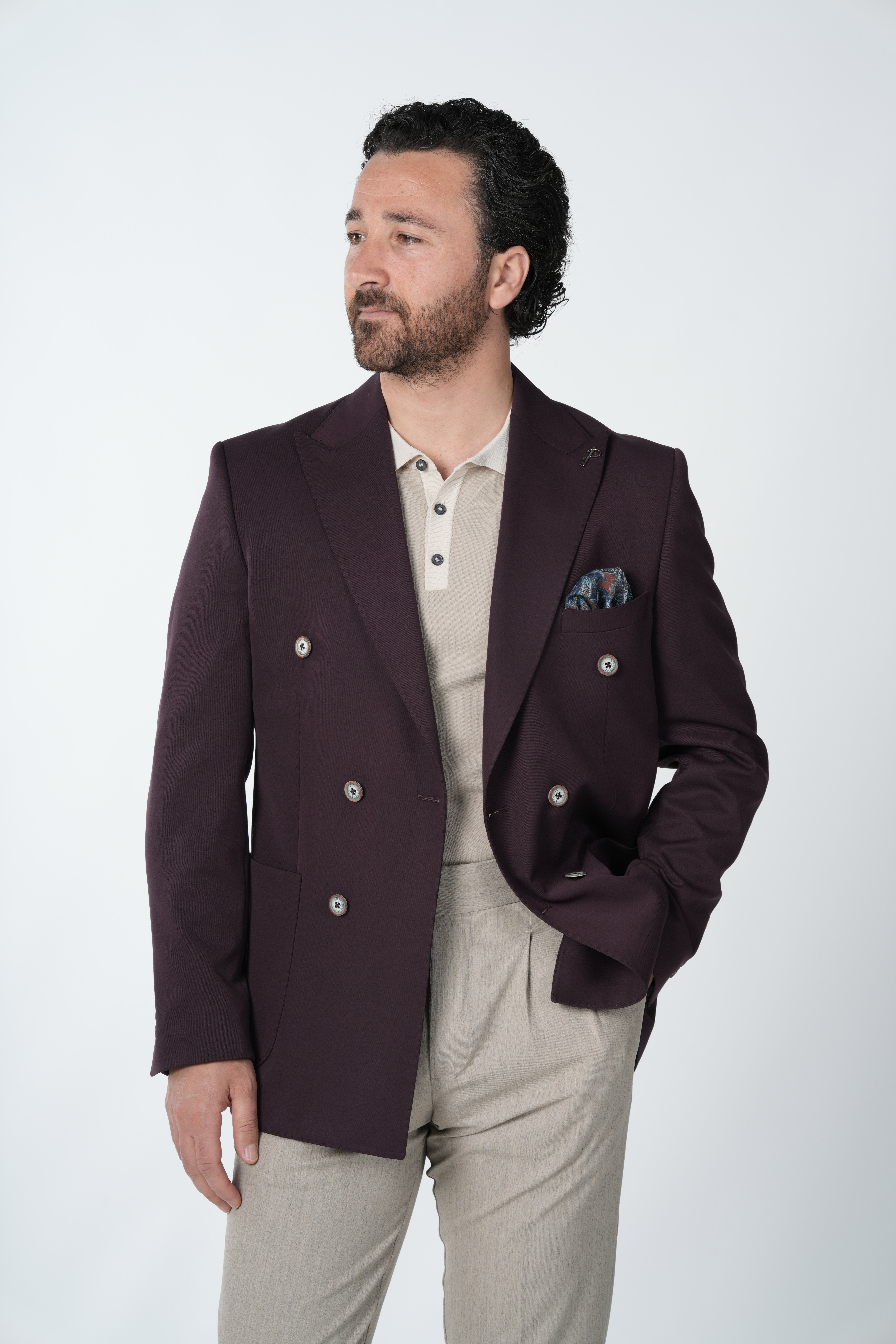 Erkek Premium İtalyan Stil Slim Fit Erkek Punto Dikişli Torba Cepli Yarım Astarlı Kruvaze Ceket-Mor