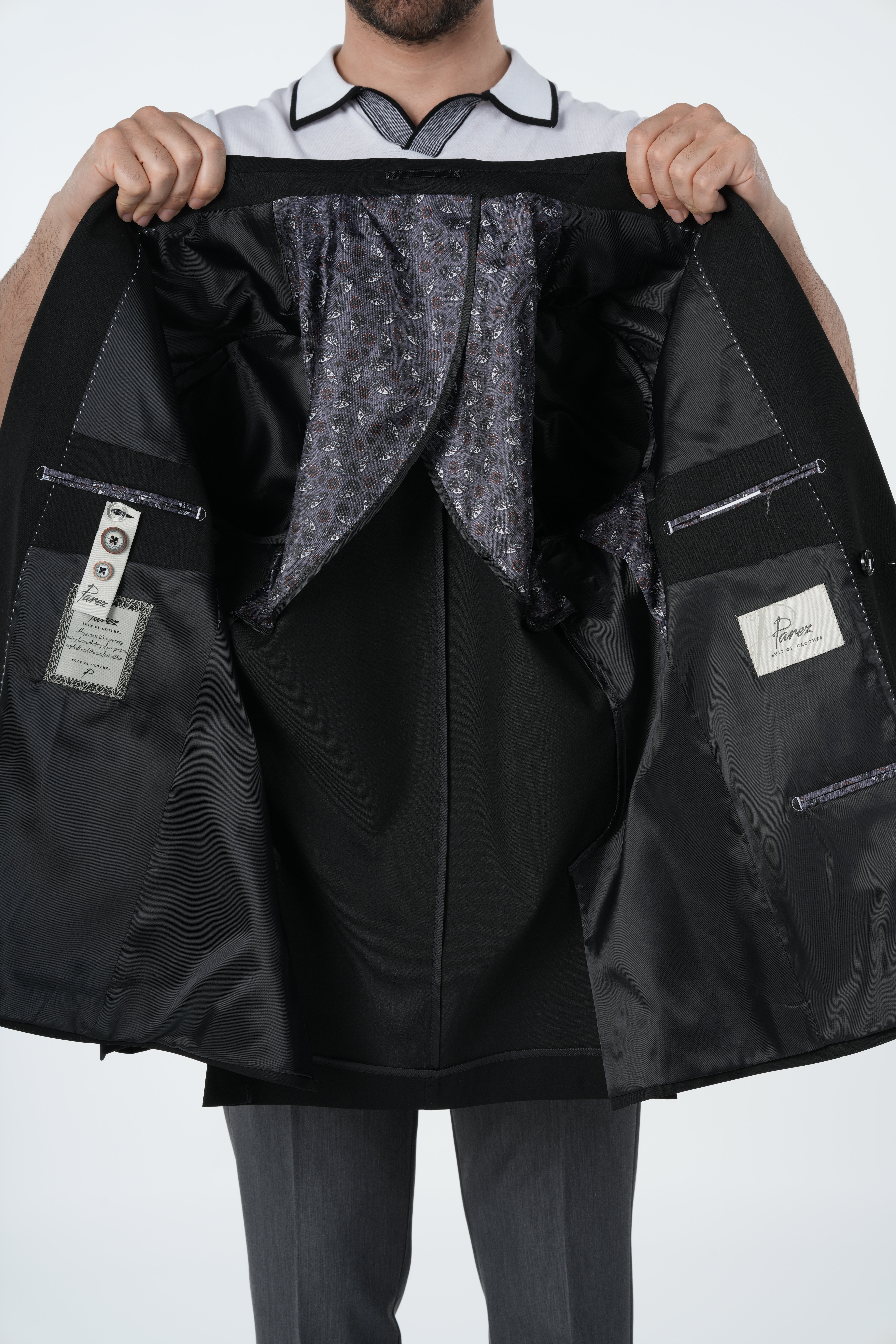 Erkek Premium İtalyan Stil Slim Fit Erkek Punto Dikişli Torba Cepli Yarım Astarlı Kruvaze Ceket-Siyah