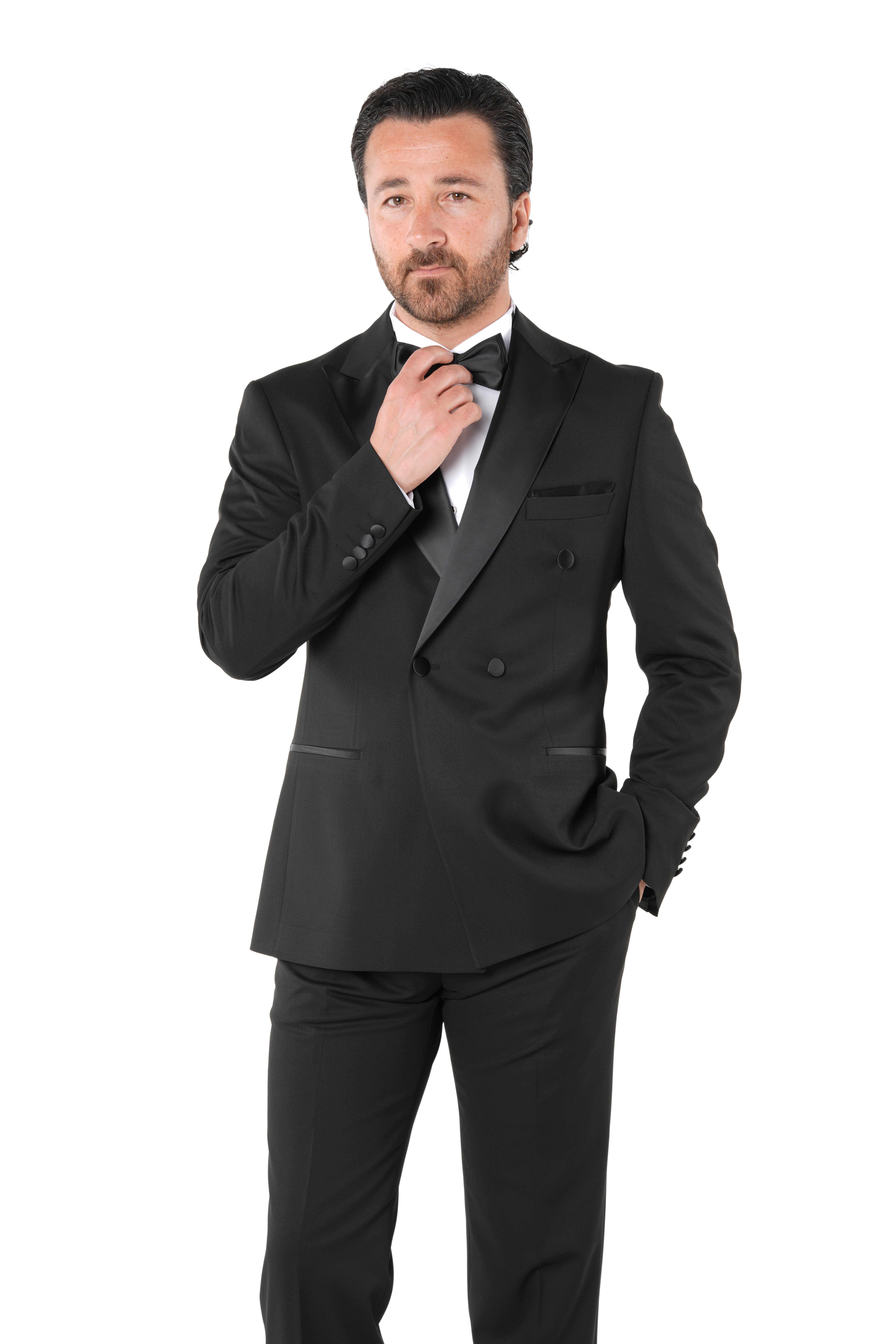 Erkek Premium Kruvaze  Smokin Damatlık  İtalyan İtalyan Stil Ceket Pantolon Papyon-Siyah-Siyah