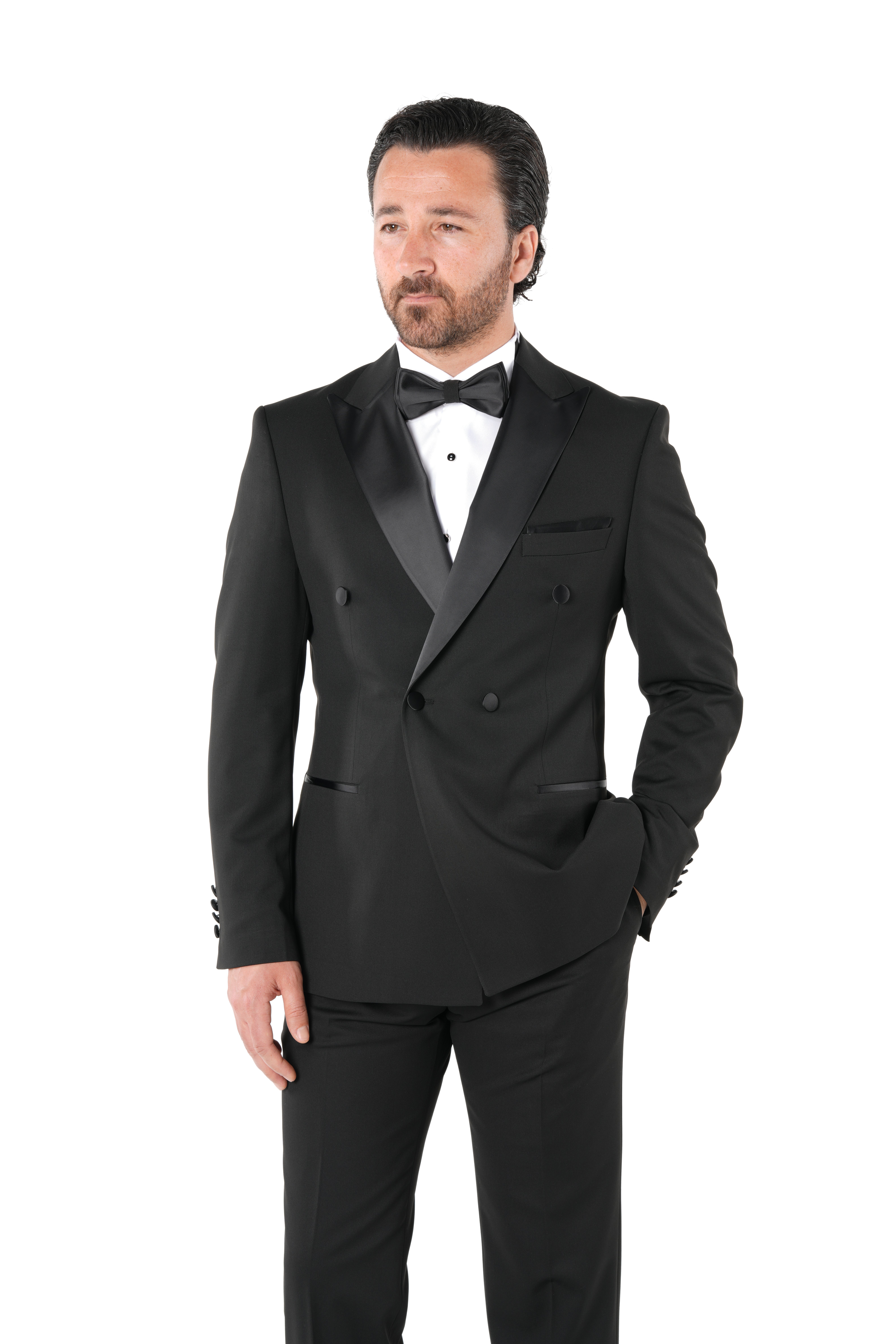 Erkek Premium Kruvaze  Smokin Damatlık  İtalyan İtalyan Stil Ceket Pantolon Papyon-Siyah-Siyah