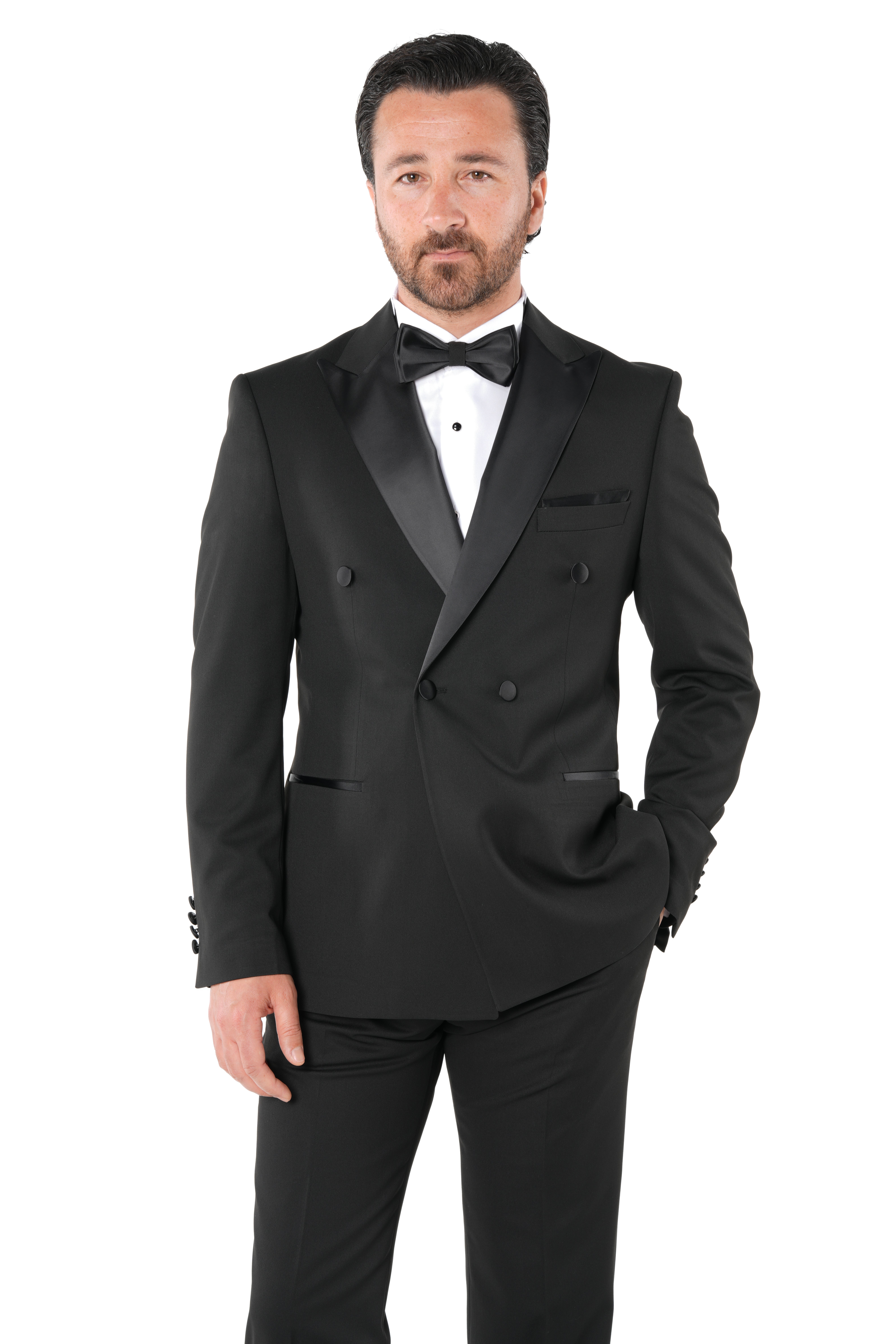Erkek Premium Kruvaze  Smokin Damatlık  İtalyan İtalyan Stil Ceket Pantolon Papyon-Siyah-Siyah