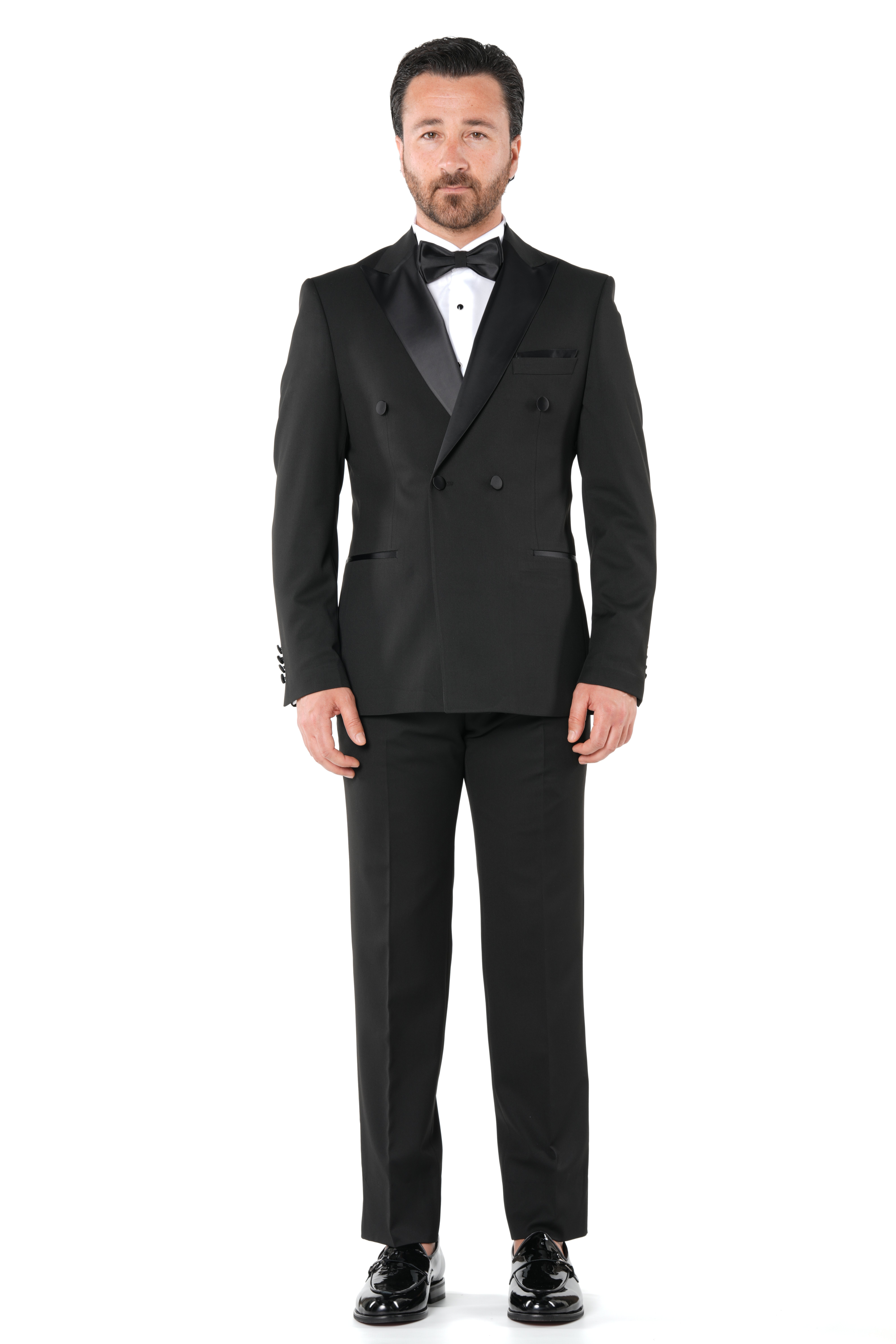 Erkek Premium Kruvaze  Smokin Damatlık  İtalyan İtalyan Stil Ceket Pantolon Papyon-Siyah-Siyah