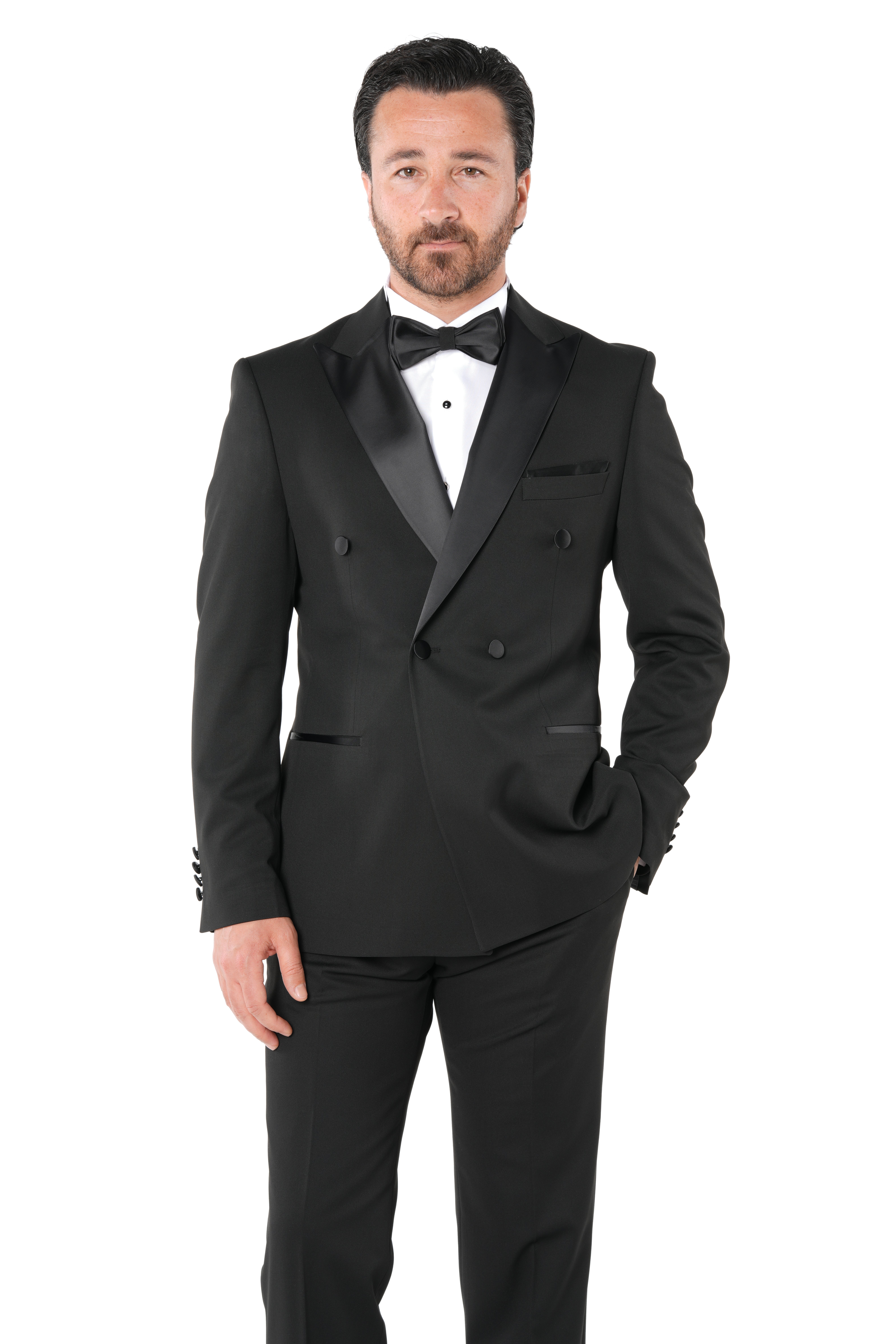 Erkek Premium Kruvaze  Smokin Damatlık  İtalyan İtalyan Stil Ceket Pantolon Papyon-Siyah-Siyah