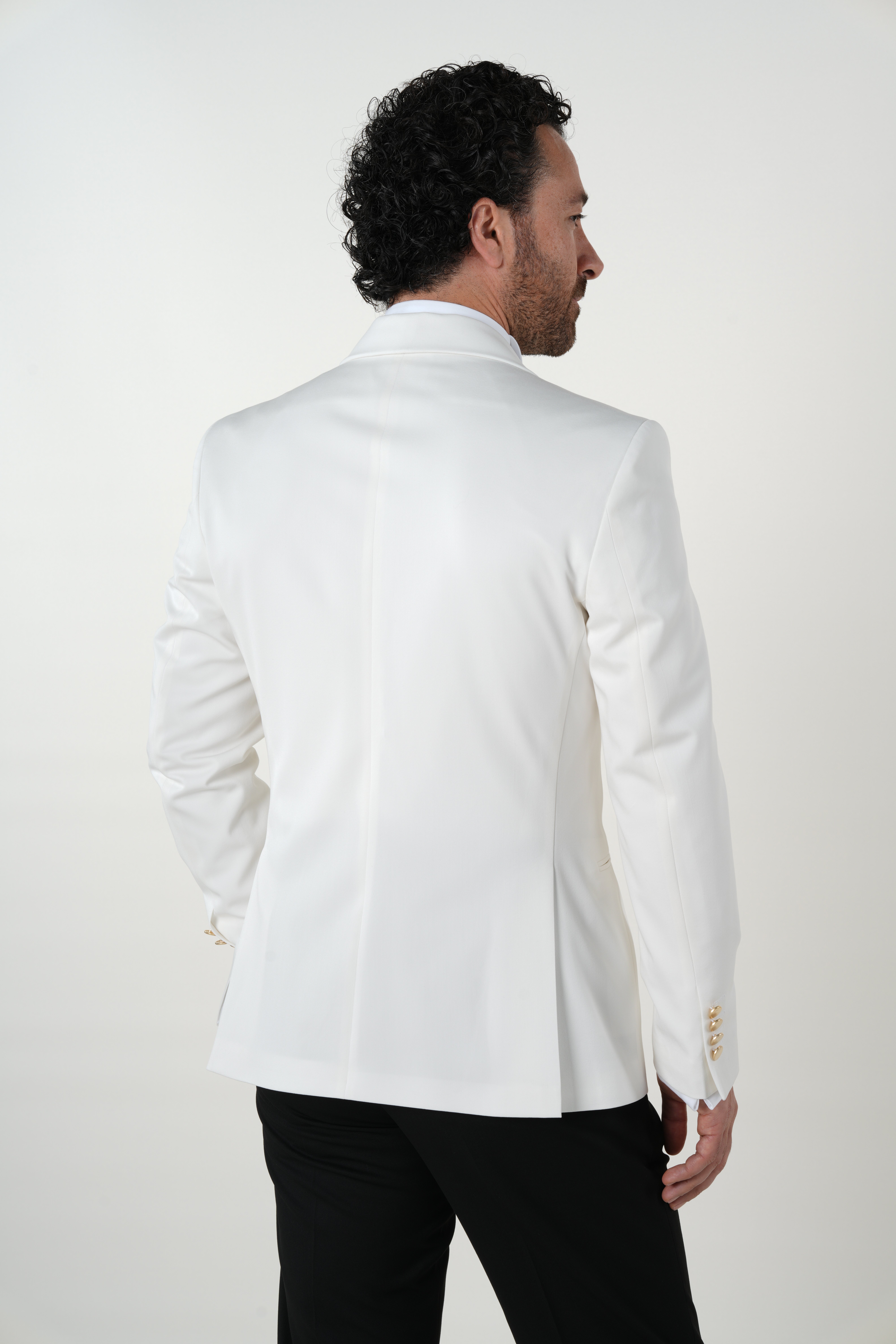 Erkek Premium Kruvaze Smokin Damatlık Geniş Şal Yaka İtalyan Stil Ceket Pantolon Papyon-Beyaz - Beyaz