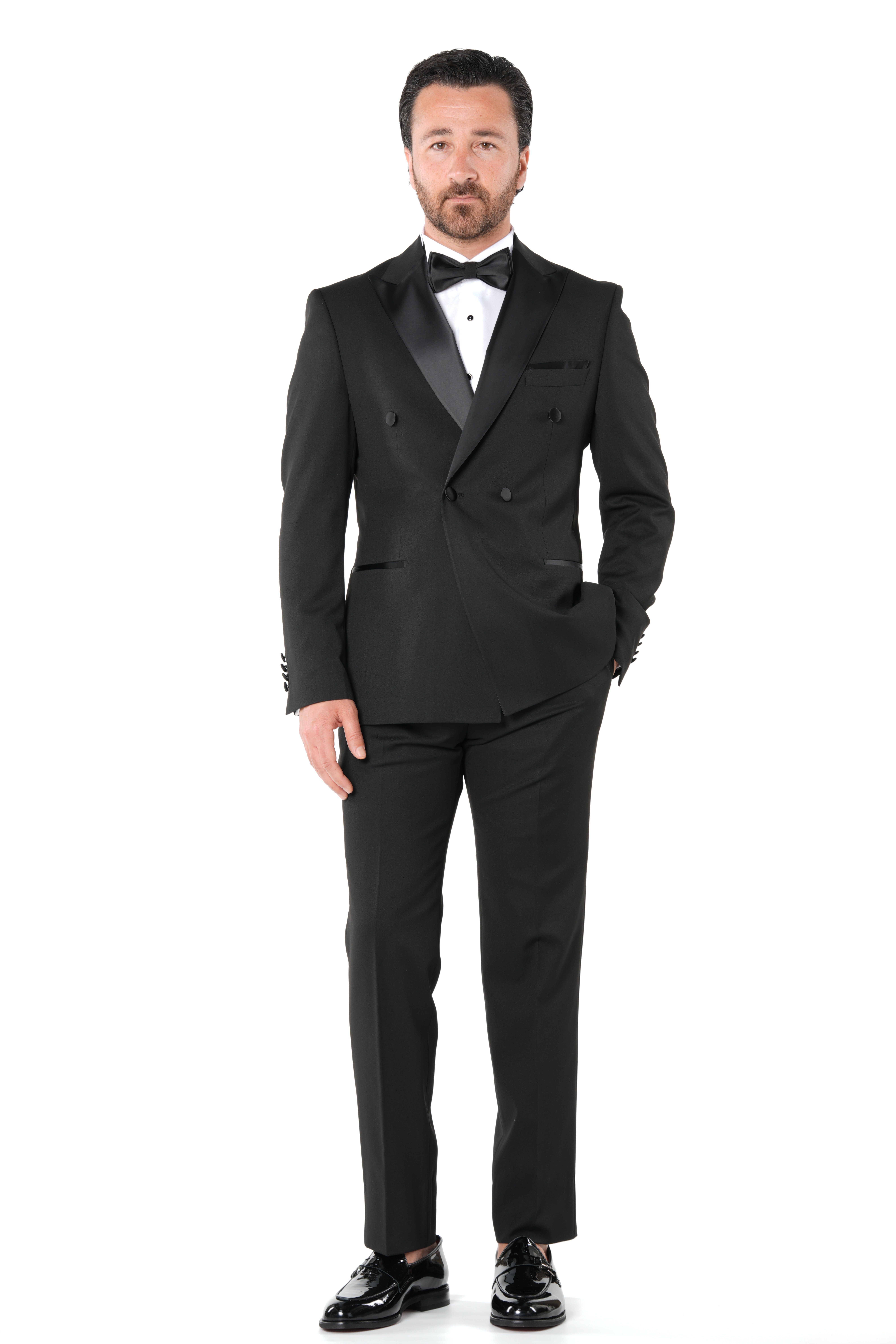 Erkek Premium Kruvaze  Smokin Damatlık  İtalyan İtalyan Stil Ceket Pantolon Papyon-Siyah-Siyah