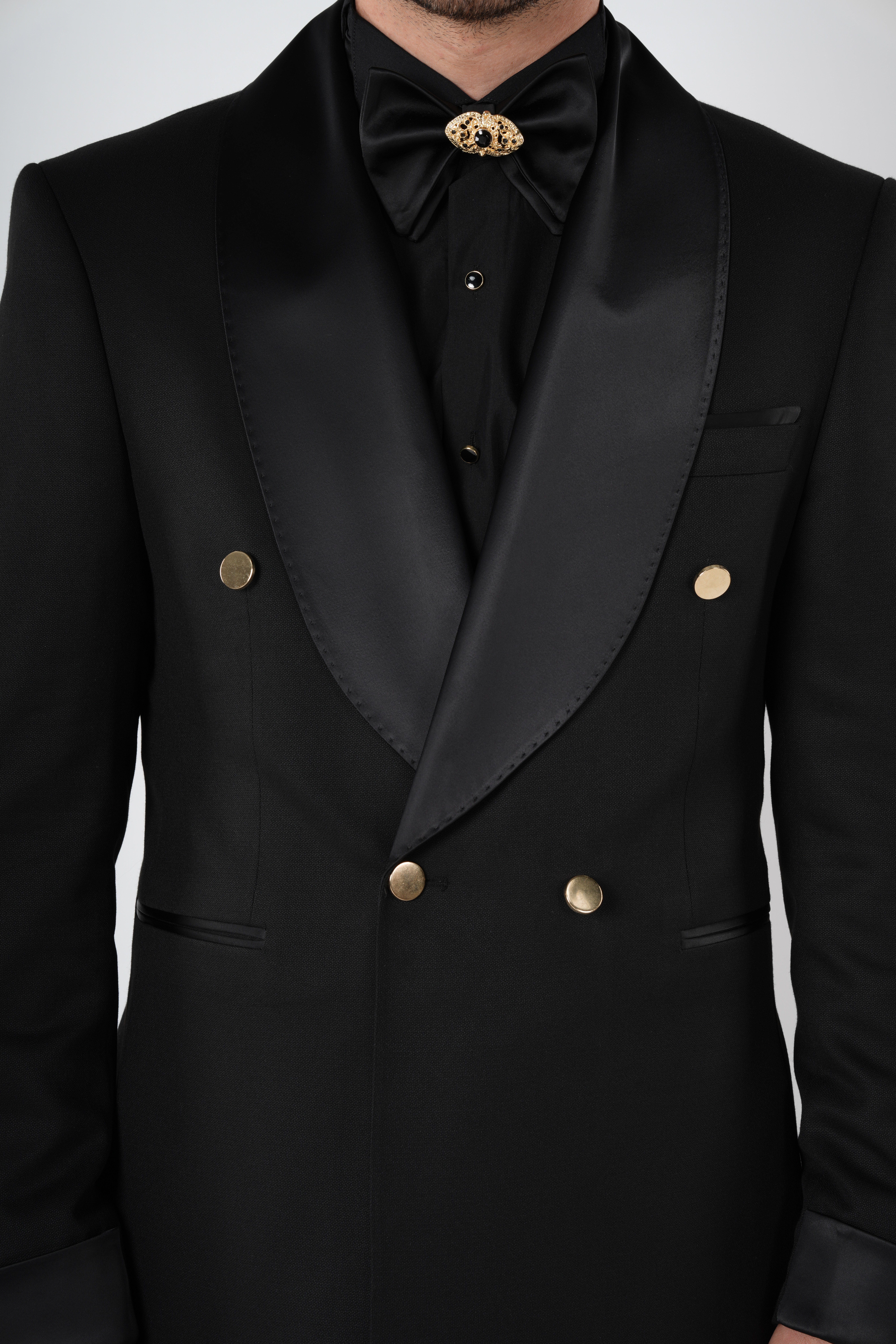 Erkek Premium Smokin Damatlık Gold Düğme Şal Yaka i İtalyan Stil Slim Fit Ceket Pantolon Papyon-Siyah