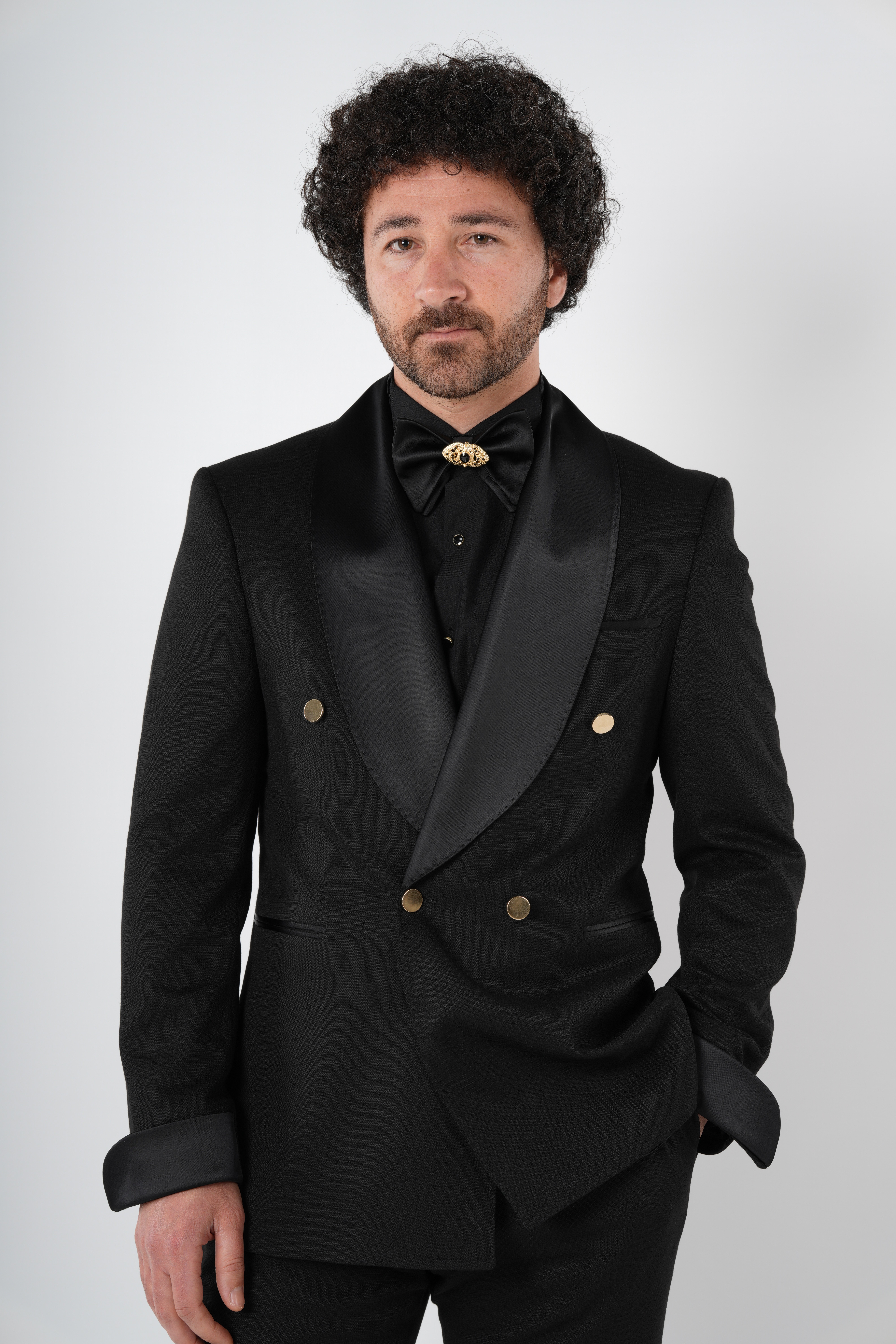 Erkek Premium Smokin Damatlık Gold Düğme Şal Yaka i İtalyan Stil Slim Fit Ceket Pantolon Papyon-Siyah