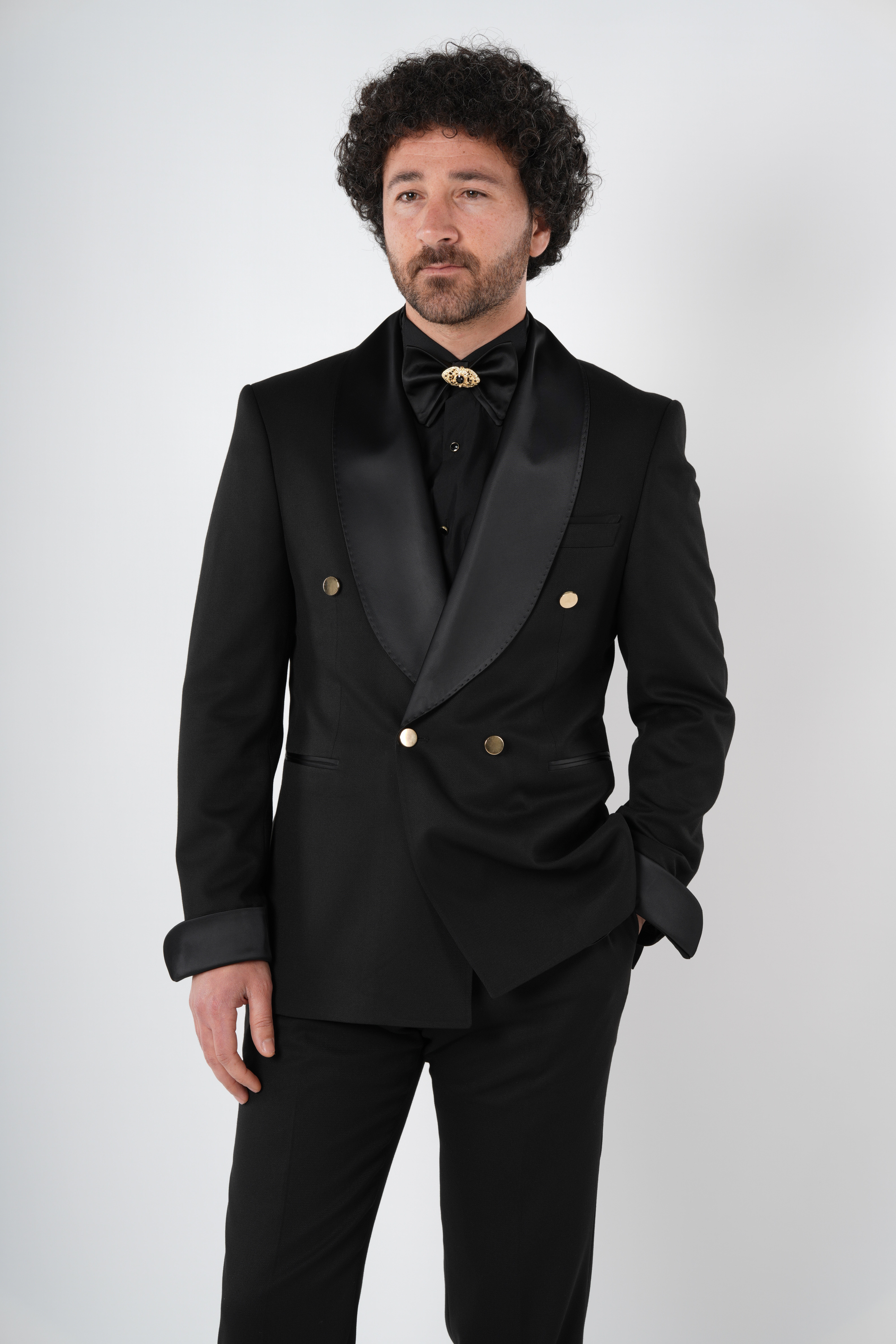 Erkek Premium Smokin Damatlık Gold Düğme Şal Yaka i İtalyan Stil Slim Fit Ceket Pantolon Papyon-Siyah