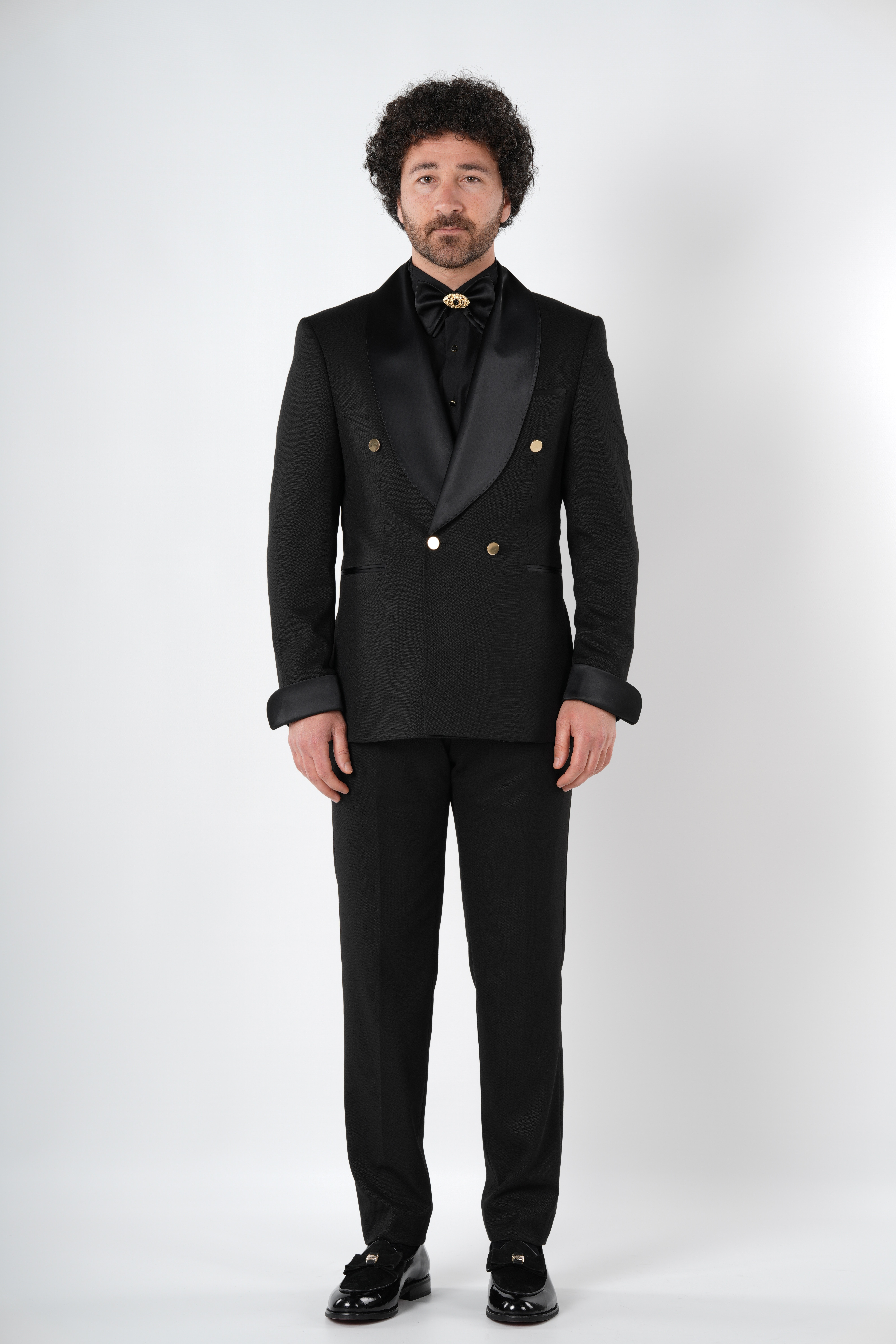 Erkek Premium Smokin Damatlık Gold Düğme Şal Yaka i İtalyan Stil Slim Fit Ceket Pantolon Papyon-Siyah