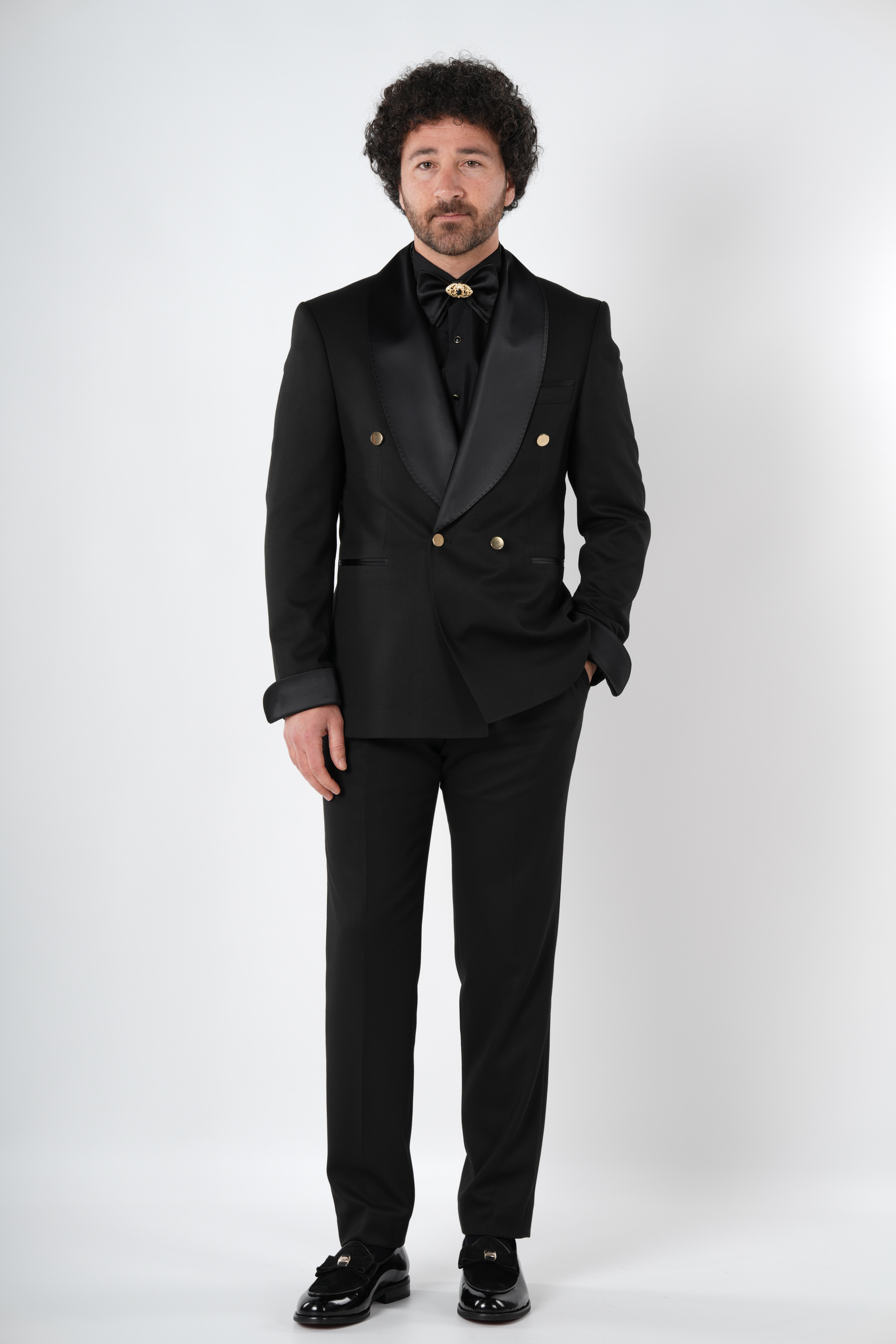 Erkek Premium Smokin Damatlık Gold Düğme Şal Yaka i İtalyan Stil Slim Fit Ceket Pantolon Papyon-Siyah