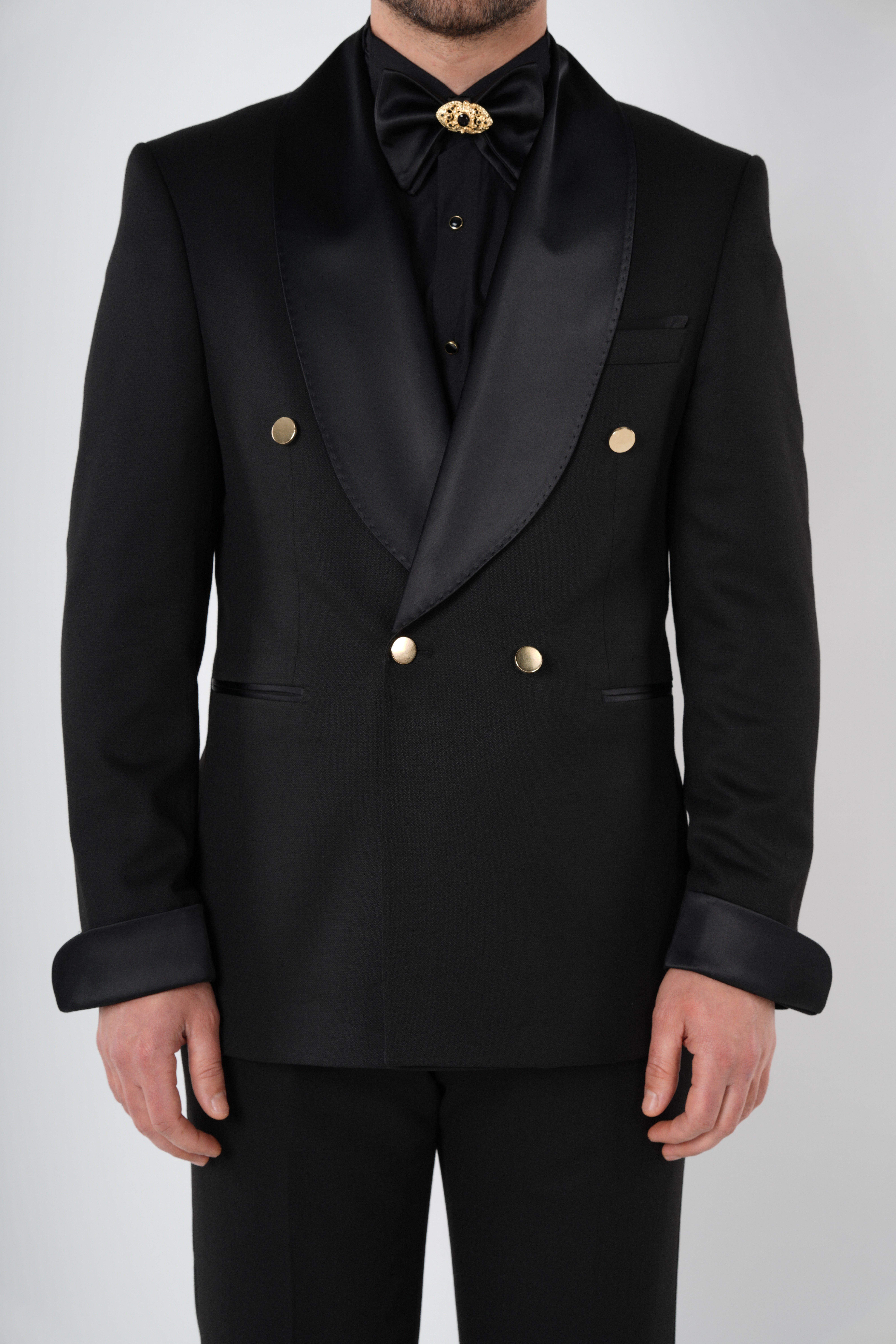 Erkek Premium Smokin Damatlık Gold Düğme Şal Yaka i İtalyan Stil Slim Fit Ceket Pantolon Papyon-Siyah