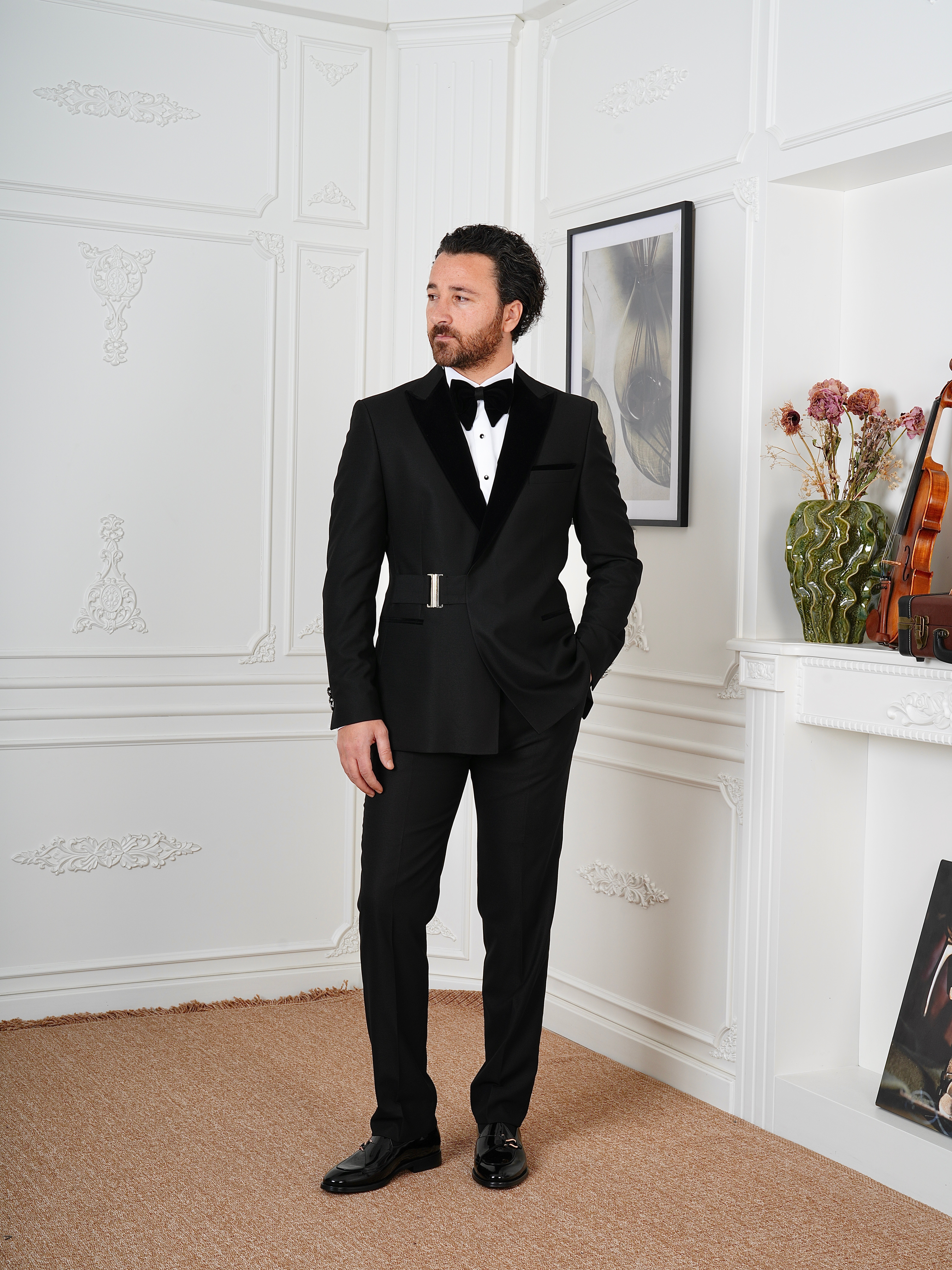 Erkek Premıum Smokin Damatlık Kadife Kırlangıç Yaka Gümüş Toka İtalyan Stil Slim Fit Ceket Pantolon Papyon - Siyah