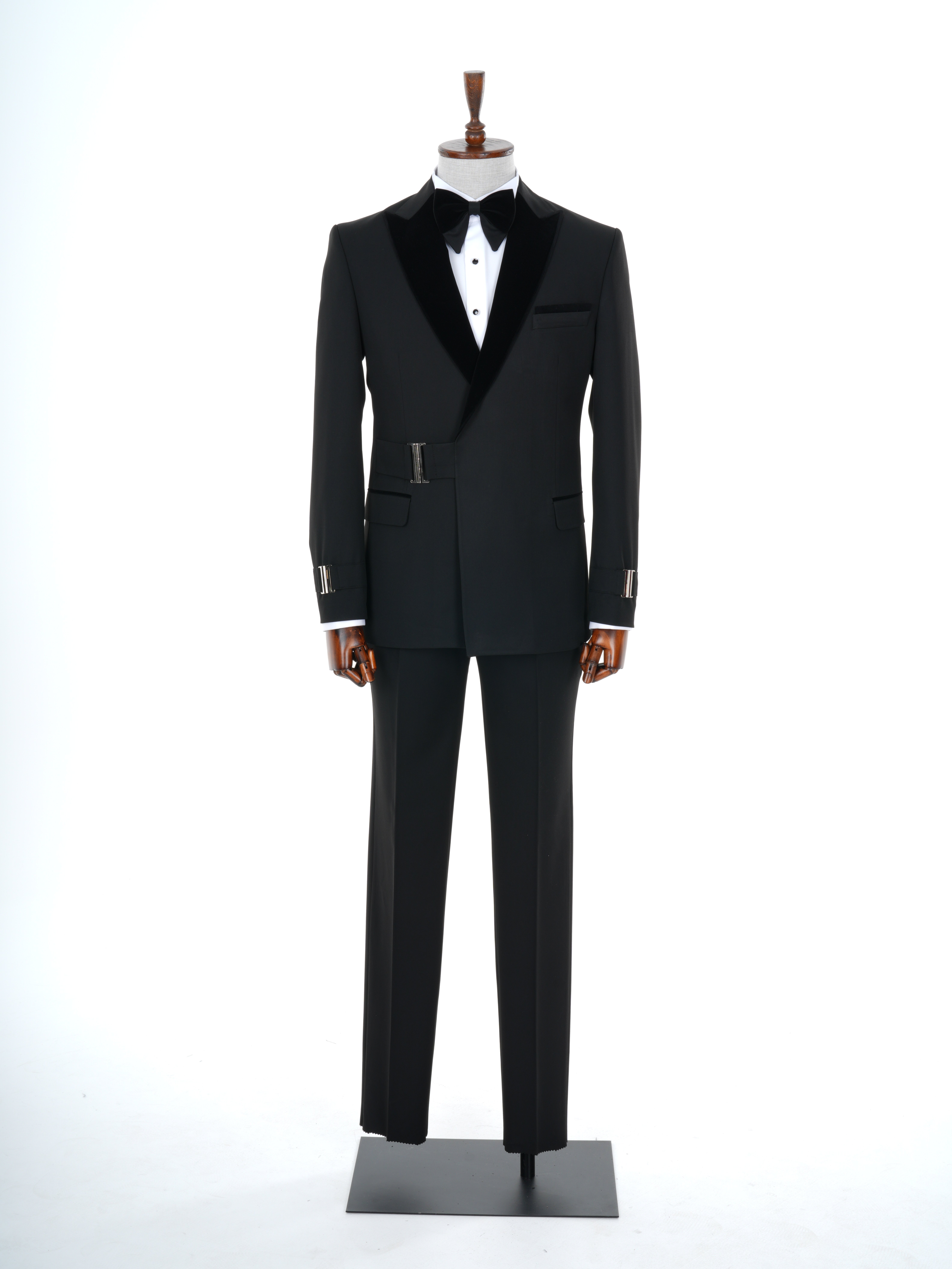 Erkek Premıum Smokin Damatlık Kadife Kırlangıç Yaka Gümüş Toka İtalyan Stil Slim Fit Ceket Pantolon Papyon - Siyah