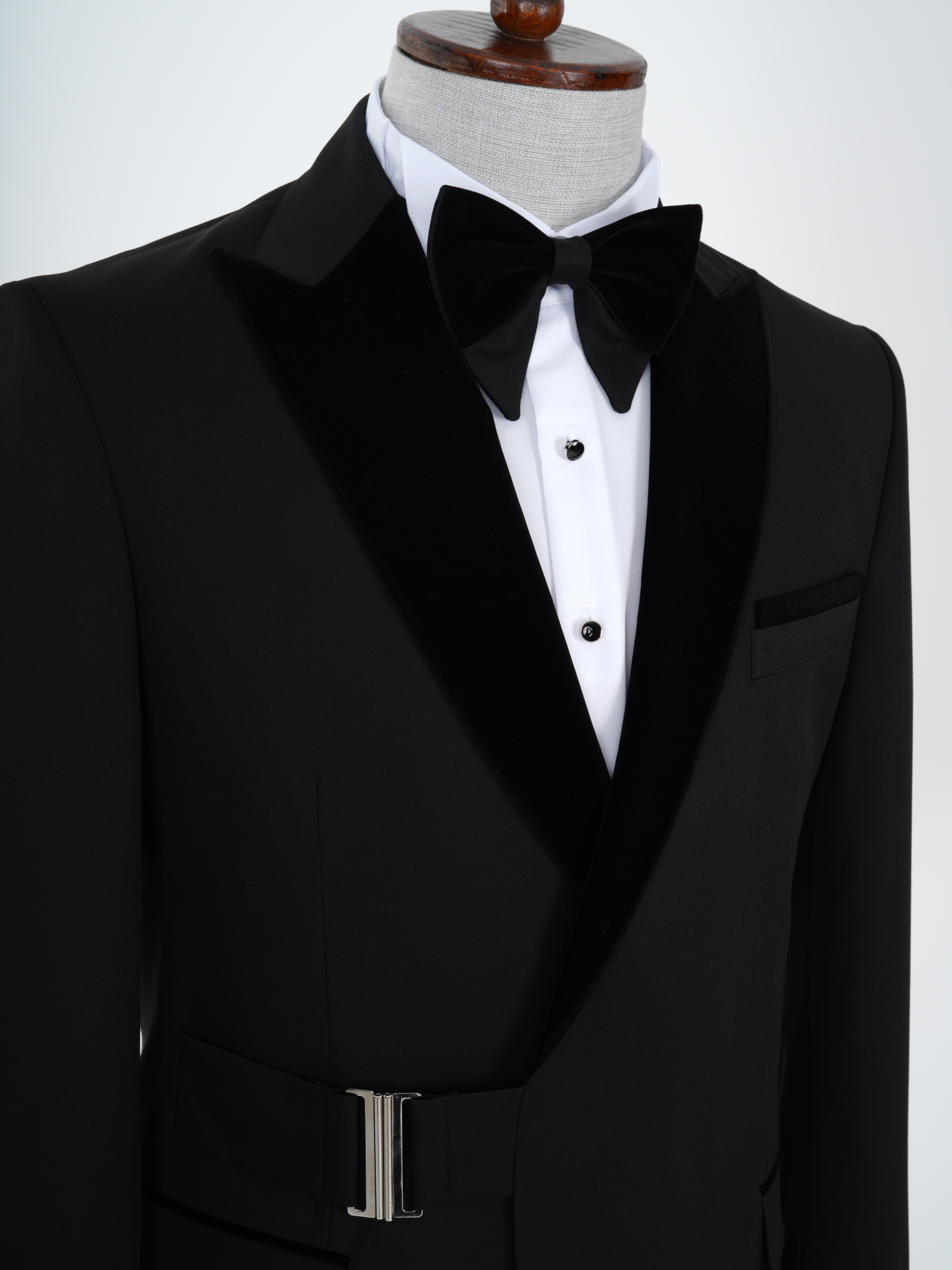 Erkek Premıum Smokin Damatlık Kadife Kırlangıç Yaka Gümüş Toka İtalyan Stil Slim Fit Ceket Pantolon Papyon - Siyah