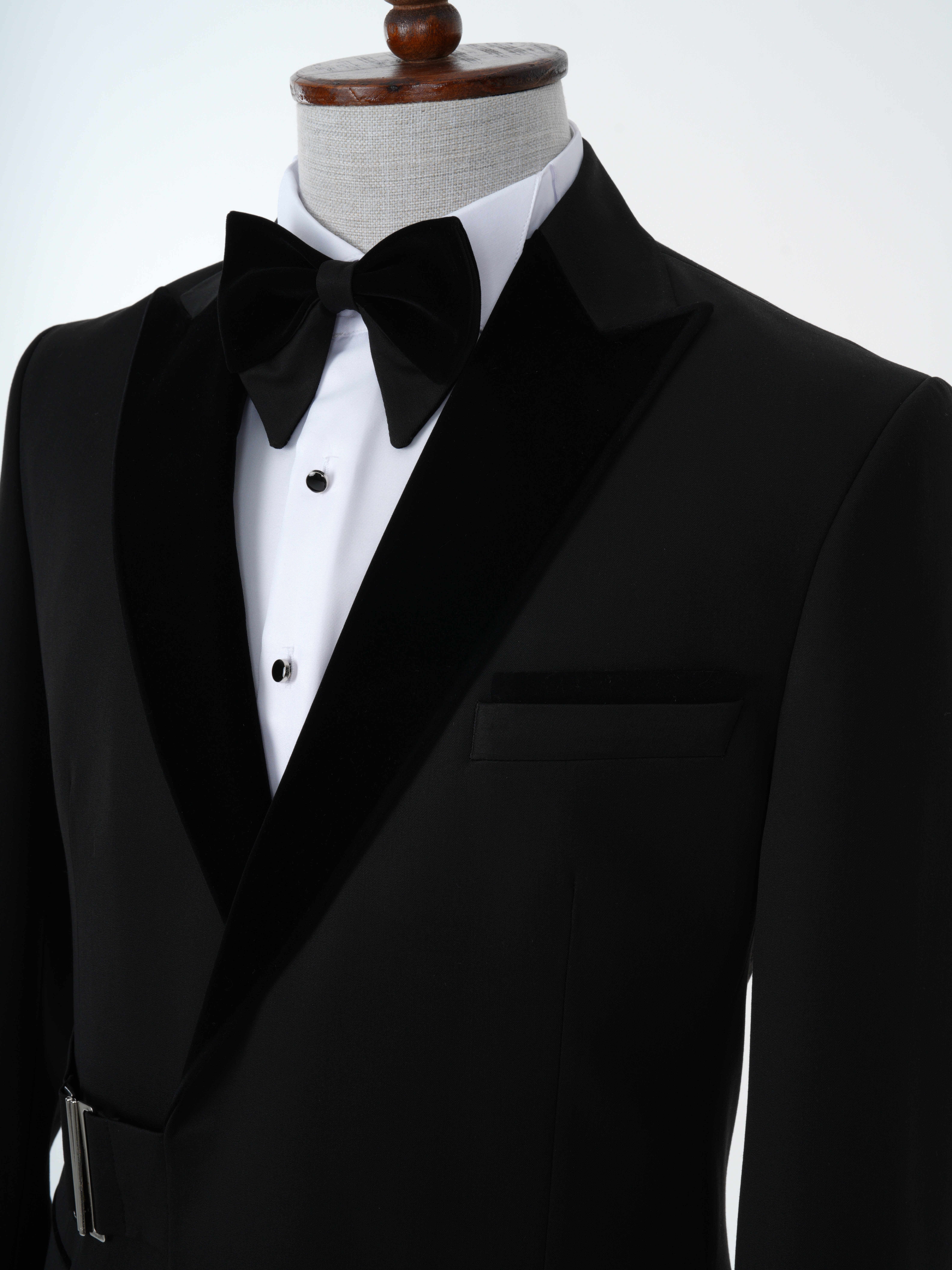 Erkek Premıum Smokin Damatlık Kadife Kırlangıç Yaka Gümüş Toka İtalyan Stil Slim Fit Ceket Pantolon Papyon - Siyah