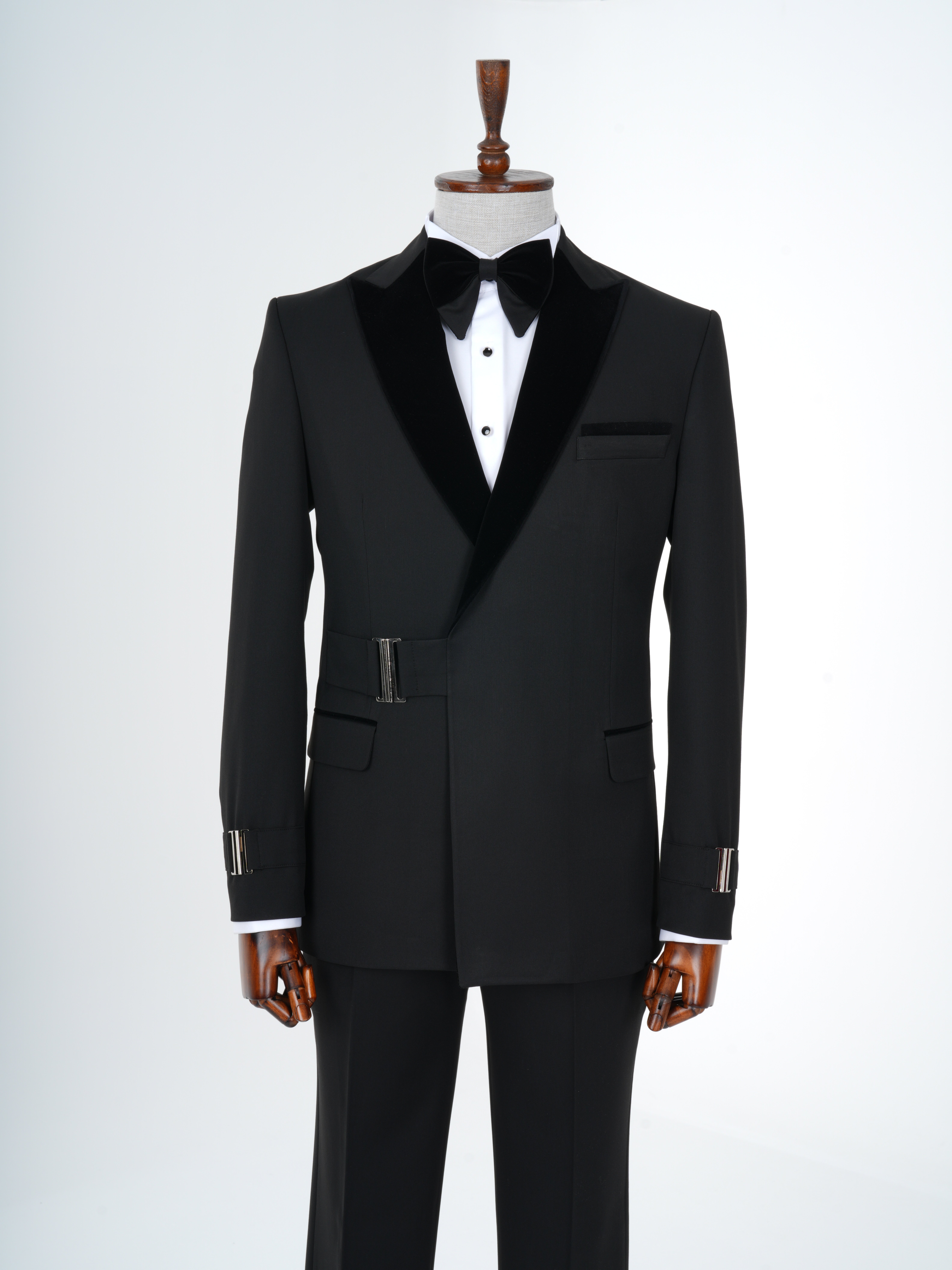 Erkek Premıum Smokin Damatlık Kadife Kırlangıç Yaka Gümüş Toka İtalyan Stil Slim Fit Ceket Pantolon Papyon - Siyah