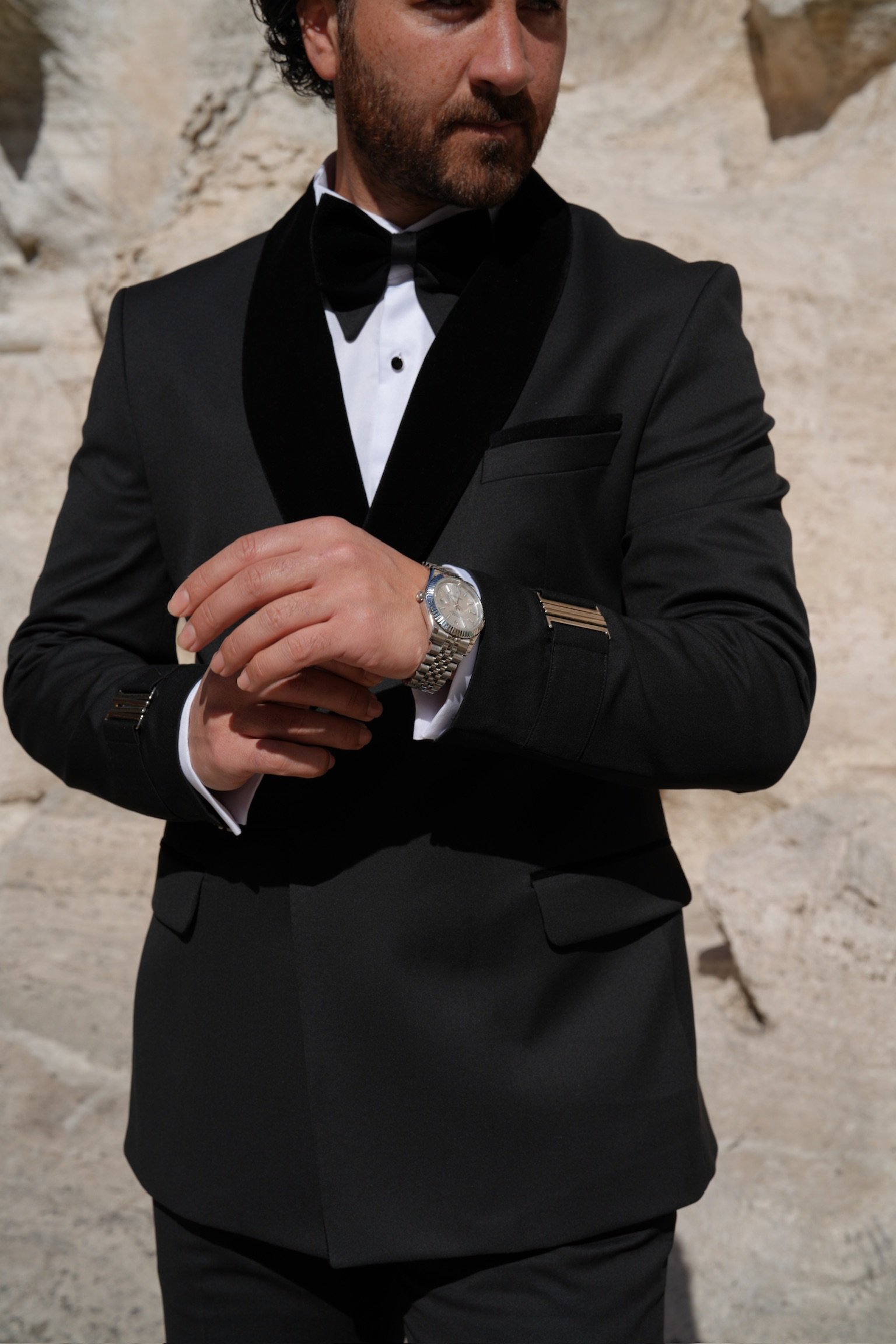 Erkek Premıum Smokin Damatlık Kadife Şal Yaka Gümüş Toka İtalyan Stil Slim Fit Ceket Pantolon Papyon - Siyah