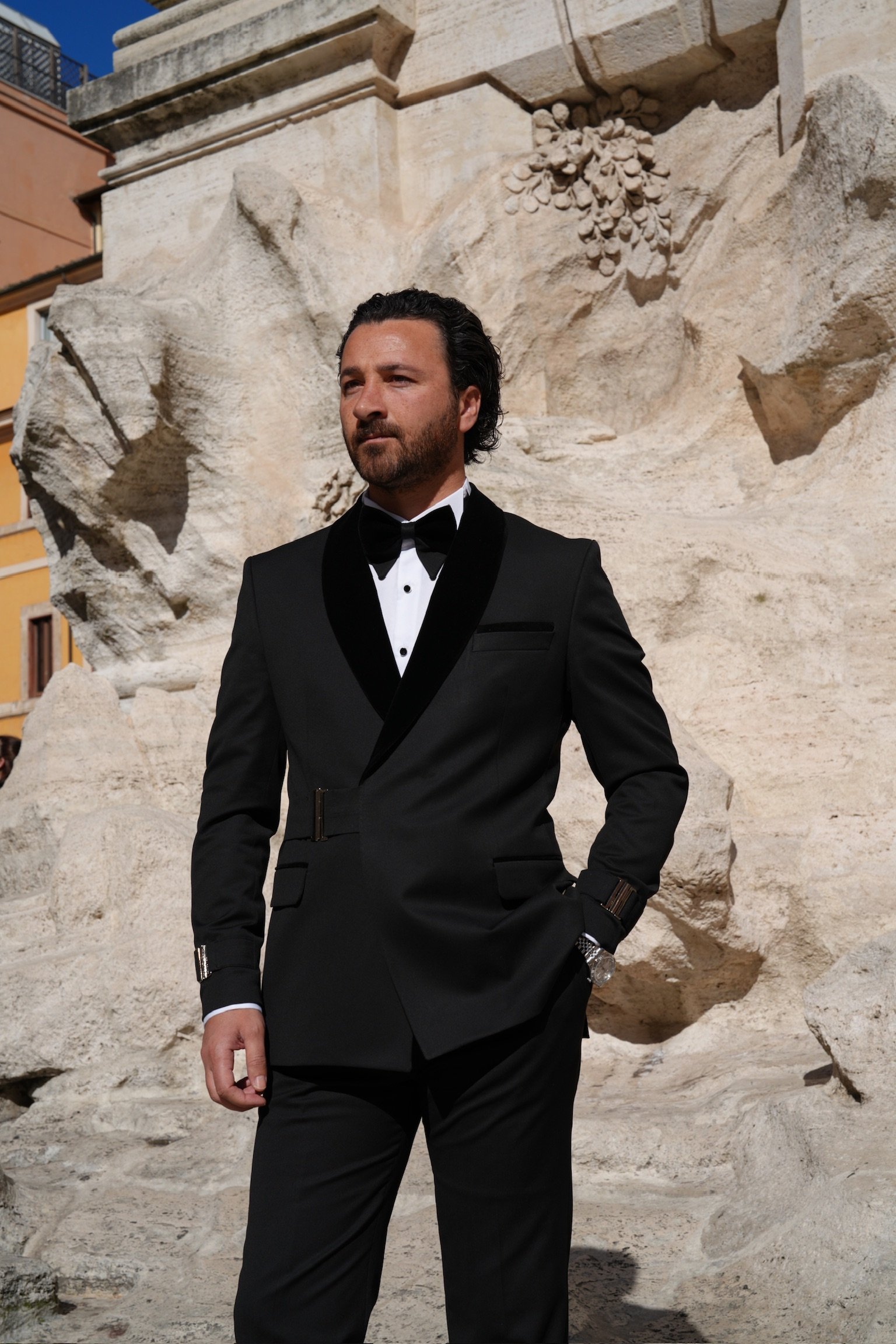 Erkek Premıum Smokin Damatlık Kadife Şal Yaka Gümüş Toka İtalyan Stil Slim Fit Ceket Pantolon Papyon - Siyah